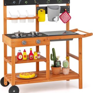 2026 New OLAKIDS Mud Kitchen, Outdoor Play Kitchen with Wheels 3 Cups Removable Sink Cooking Accessories Wooden Kids Kitchen Playset Backyard Garden Toys Gift for Boys Girls Ages 3+