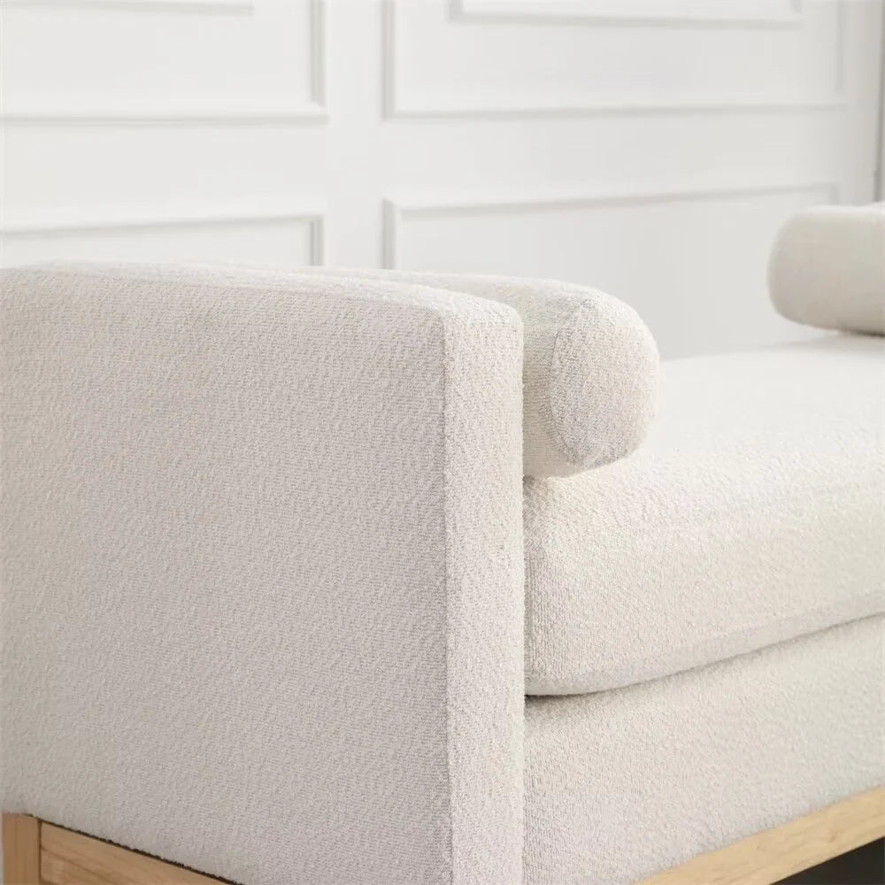 2026 New End of Bed Bench, 53.5" Boucle Fabric Upholstered Entryway Bench with Wood Legs & Bolster Pillows, Rolled Arm Cushioned Ottoman Foot Rest Long Stool Window Extra Seating for Bedroom, Ivory - Image 9
