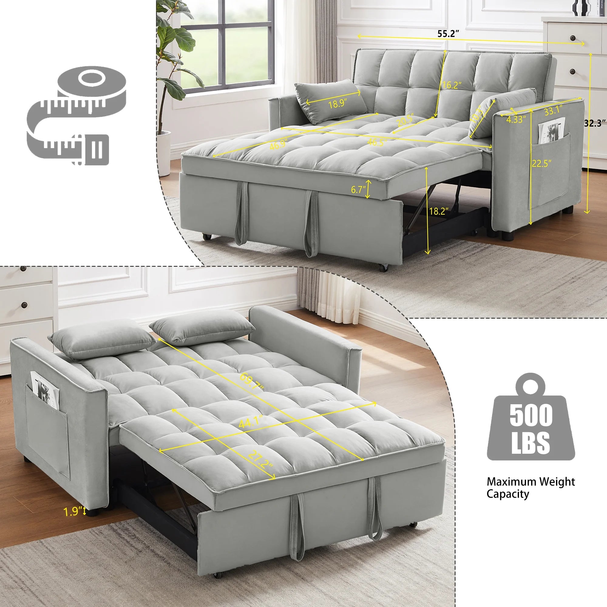 2026 New Convertible Sofa Bed,3-in-1 Sleeper Sofa with Pull Out Bed,Velvet Highly Elastic Sponge Futon Couch Loveseat with Adjustable Backrest and 2 Pillows for Living Room,Gray - Image 9