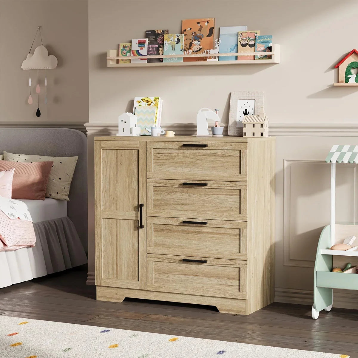 2026 New Ataucjin Wood Armoire Wardrobe Closet with 4 Drawers and Door, 43.3" H Bedroom Wardrobe Cabinet with Hanging Rod, Clothing Storage Cabinets, 4 Drawers Dresser with Storage Closet - Image 6
