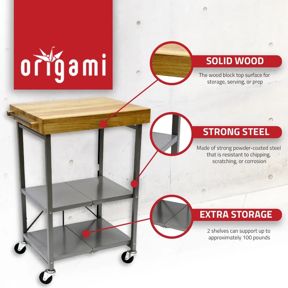 2026 New Origami Foldable Wheeled Portable Solid Wood Top Kitchen Island Bar Cart - Image 5