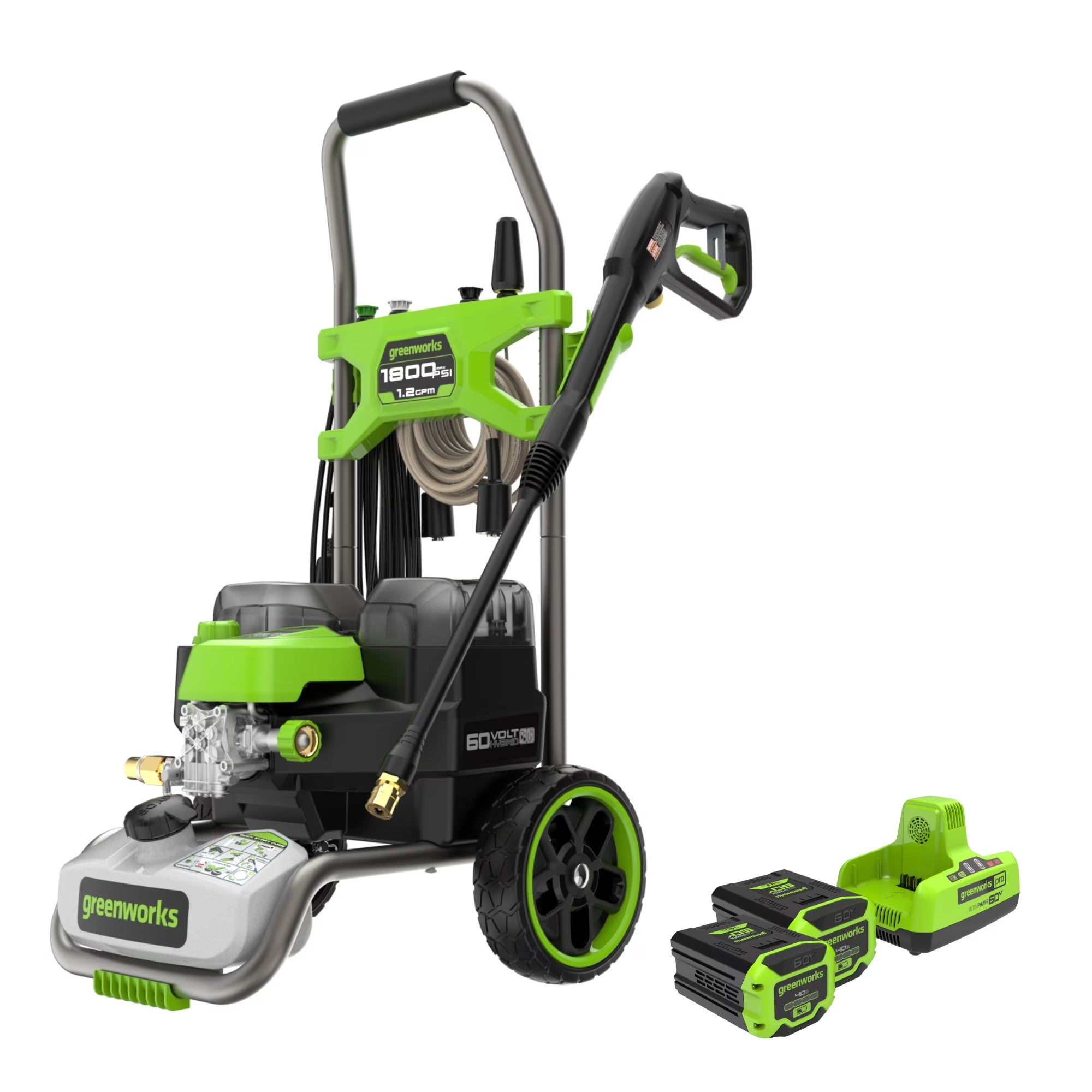 2026 New Greenworks 60V Hybrid 1800 PSI 1.2 GPM Cold Water Pressure Washer with (2) 4Ah Batteries & Charger 5129102