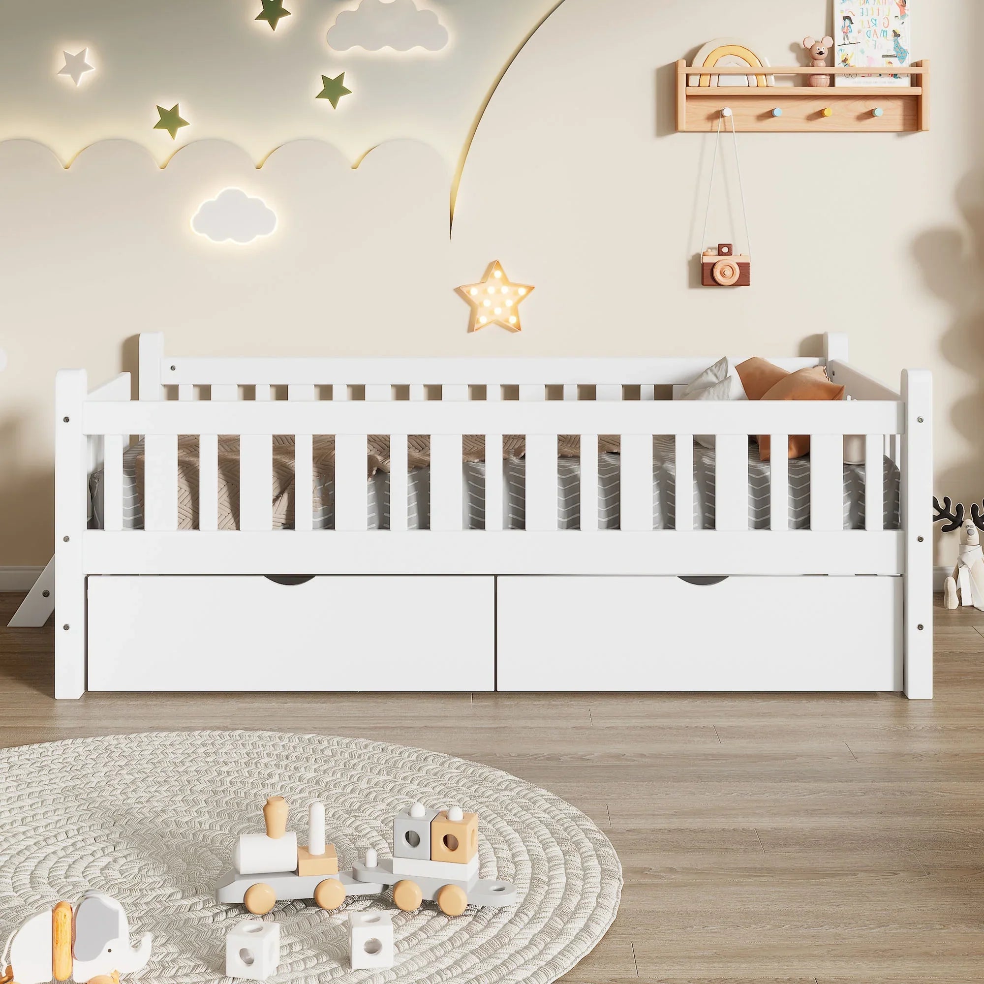 2026 New Euroco Wood Twin Size Platform Bed with 2 Drawers and Ladder for Kids and Toddlers, White - Image 3