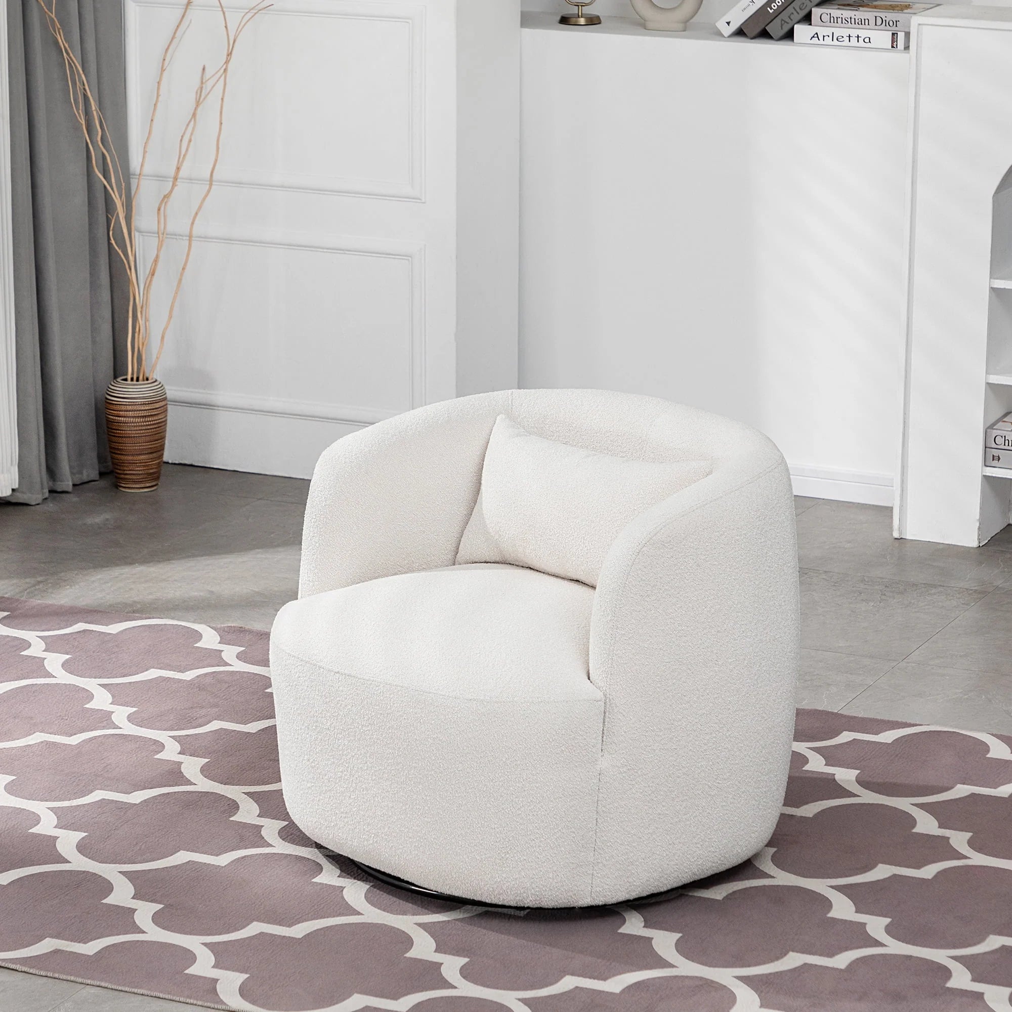 2026 New 34" Wide Boucle Swivel Barrel Chair, No Assembly Round Upholstered Armchair Accent Chair Single Sofa Chair with Toss Pillow for Living Room and Bedroom, Taupe - Image 18