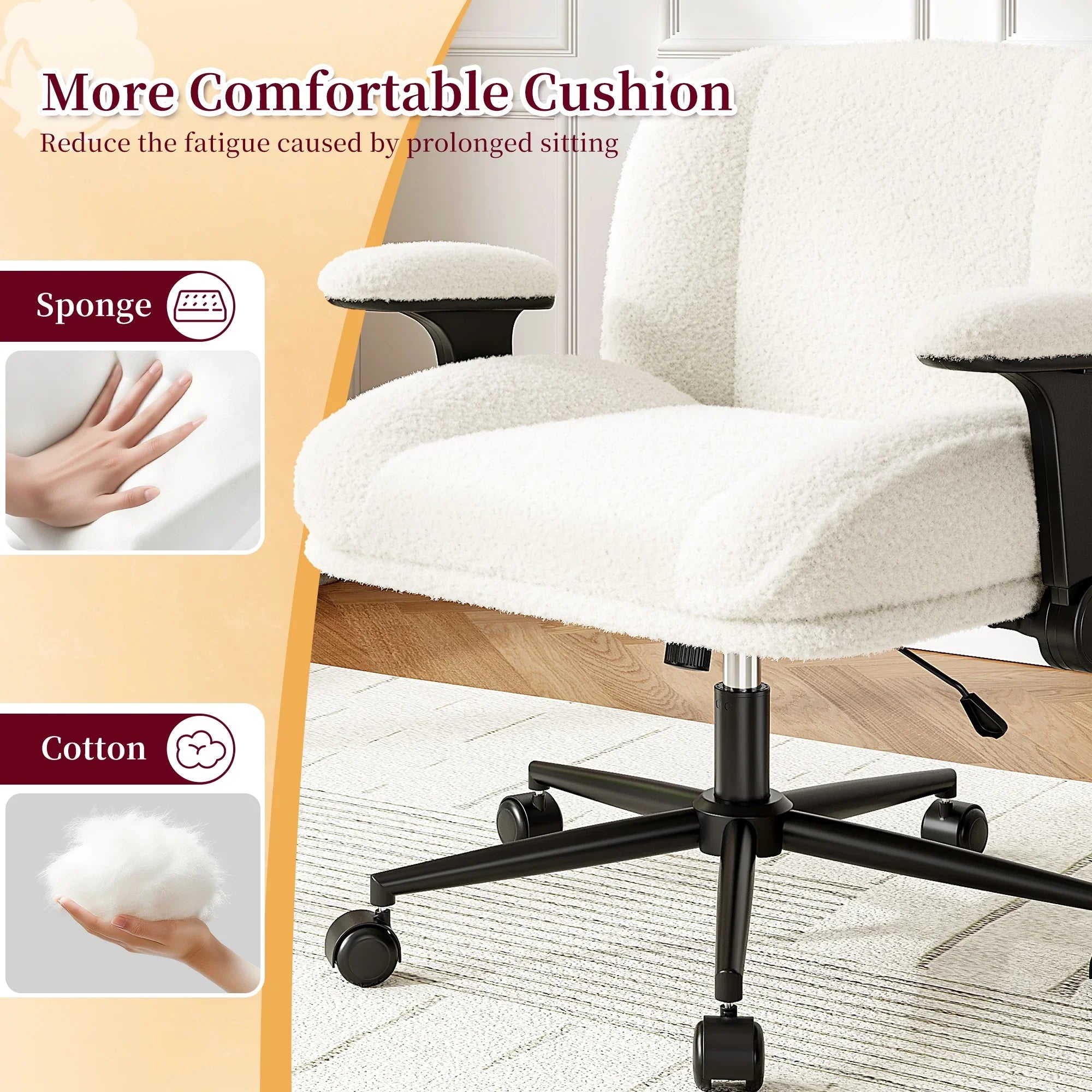 2026 New Romorgniz Criss Cross Chair with Adjustable Arms & Lumbar Support Office Chair with Reclining Back, Thick Cushion & Wheels for Office, Gaming, Reading, Vanity, Off-White - Image 9