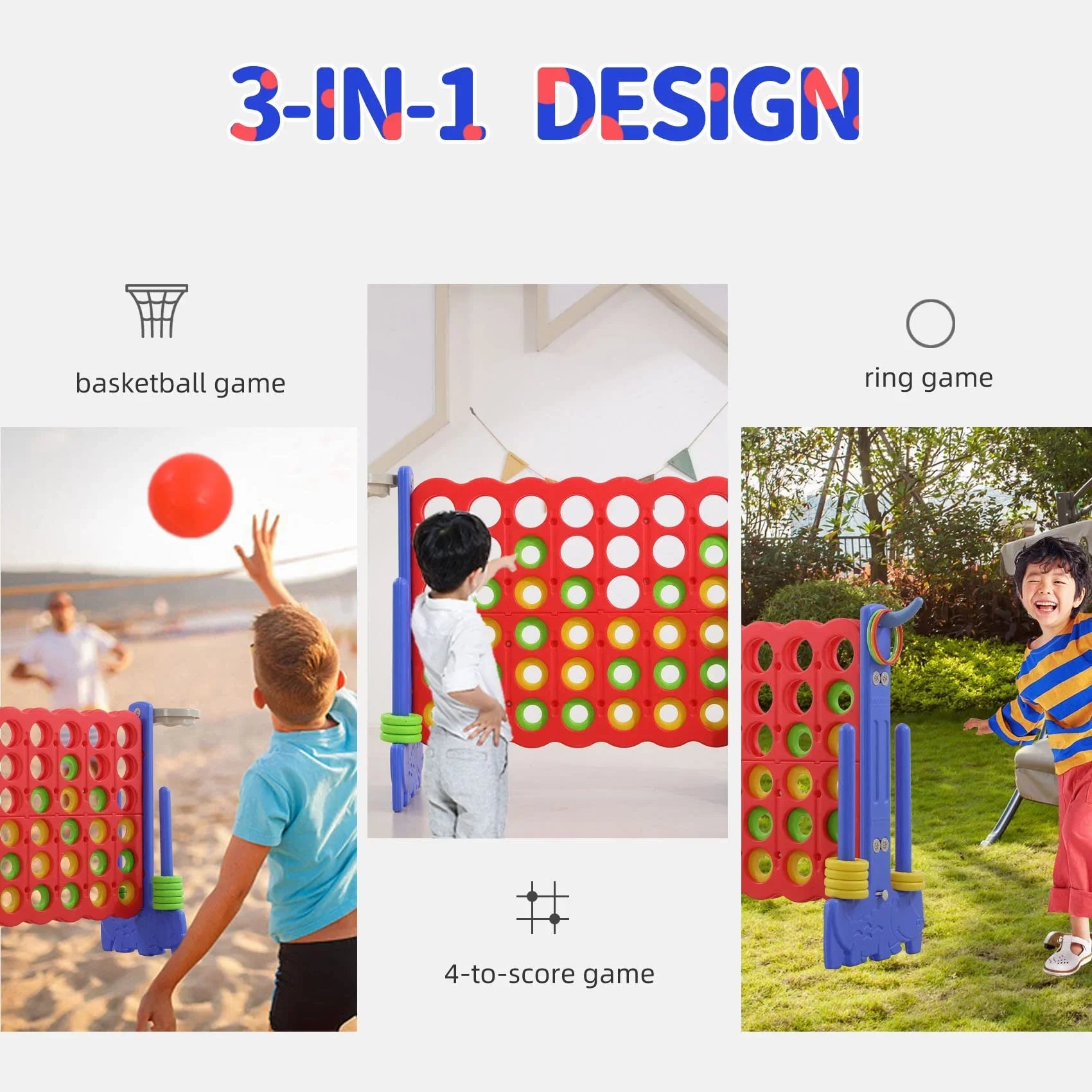 2026 New UNICOO® 3-in-1 Giant 4 in A Row Game, Featuring Basketball Hoop, Ring Toss Game & 4-to-Score Game. Perfect for Kids & Adults, Parties & Gatherings with Carrying Bag (Red + Blue) - Image 6