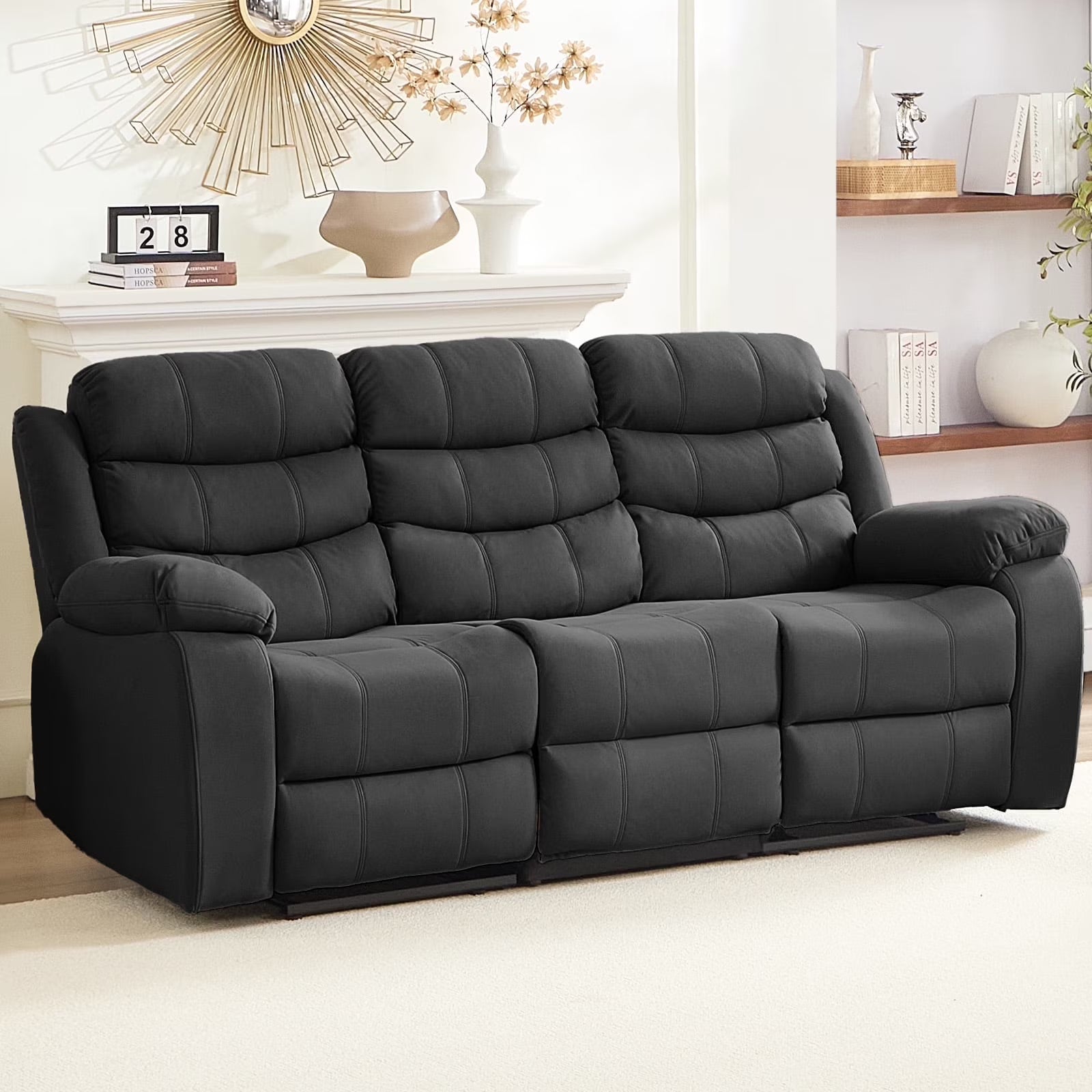 2026 New MUZZ Modern Reclining Sofa,3-Seater Recliner Sofa with Cup Holders, Flip-Up Storage, Reversible Backrest and Footrest, Gray