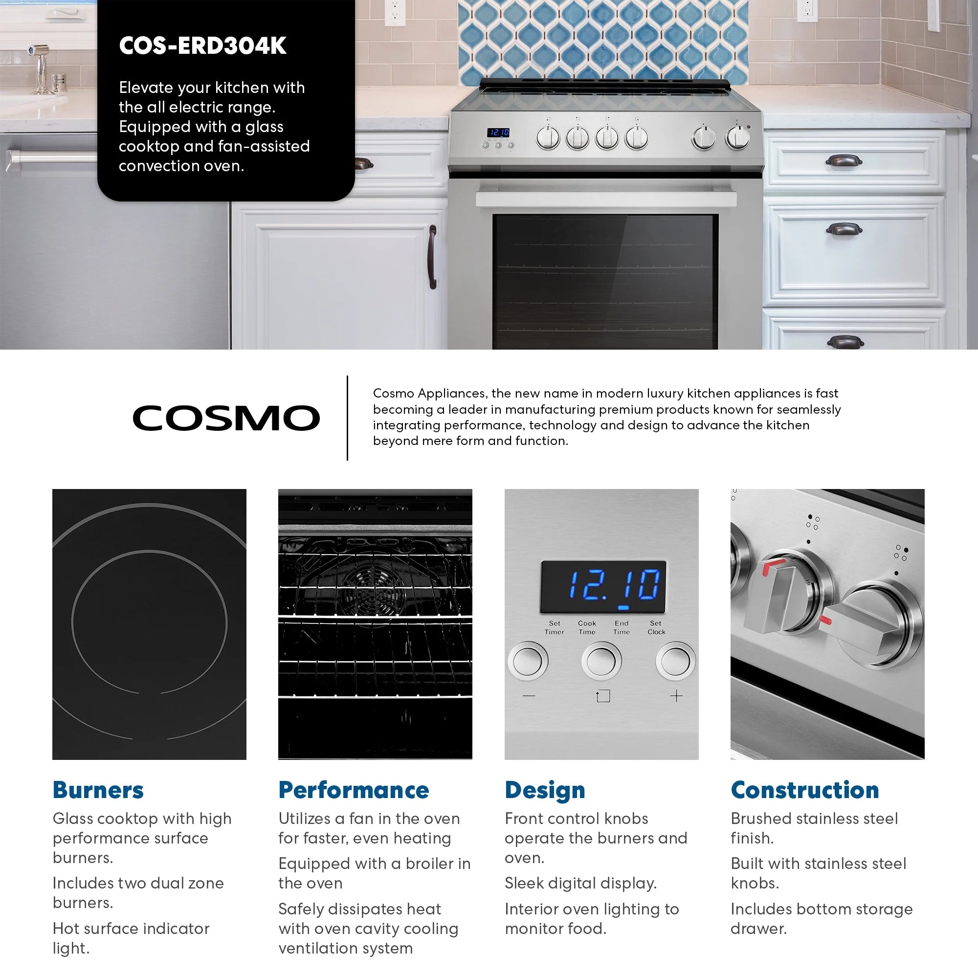 2026 New Cosmo 30 in. Stellar Collection 5.0 cu. ft. Electric Range with 4 Burner Glass Cooktop and Convection Oven in Stainless Steel - Image 10