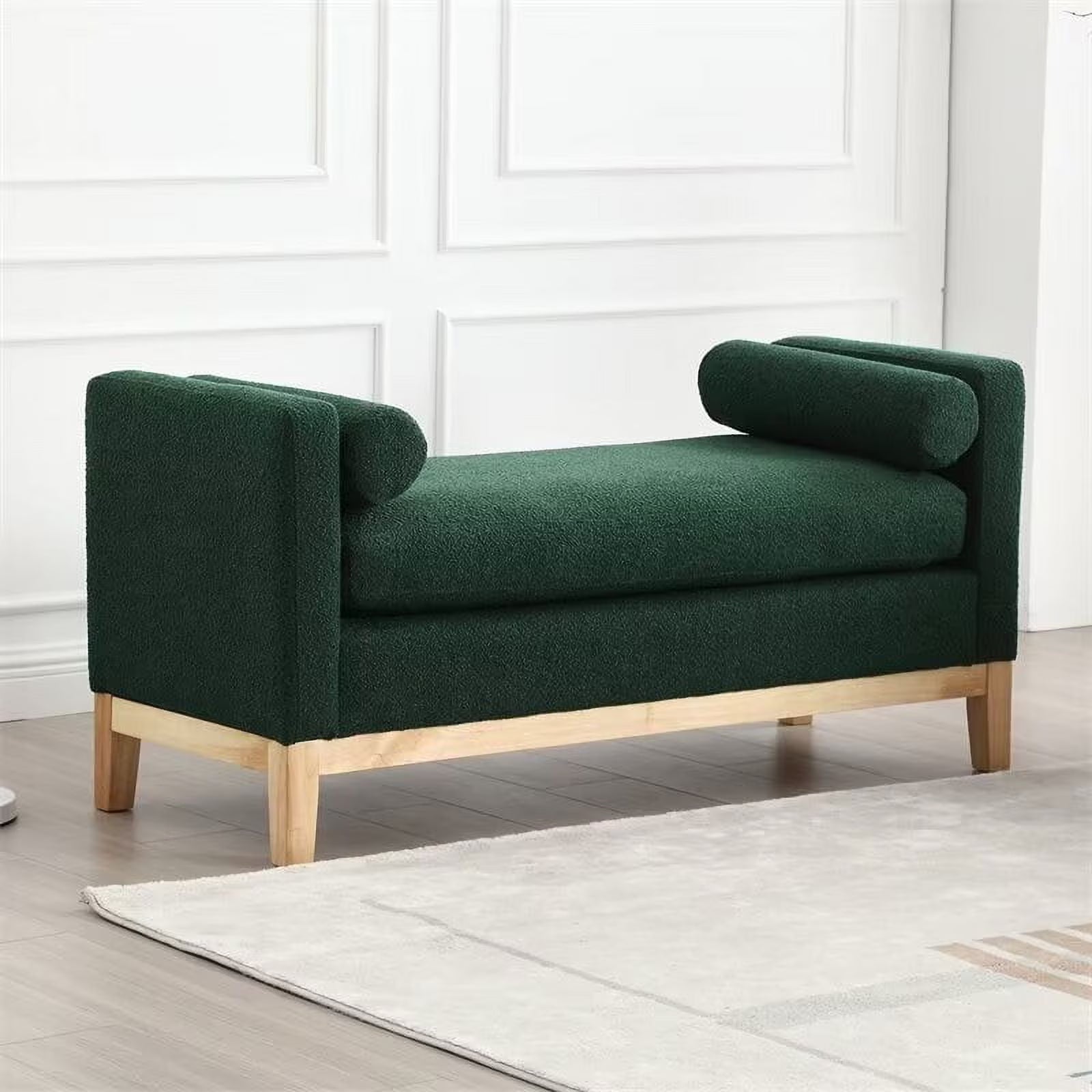 2026 New End of Bed Bench, 53.5" Boucle Fabric Upholstered Entryway Bench with Wood Legs & Bolster Pillows, Rolled Arm Cushioned Ottoman Foot Rest Long Stool Window Extra Seating for Bedroom, Ivory - Image 5