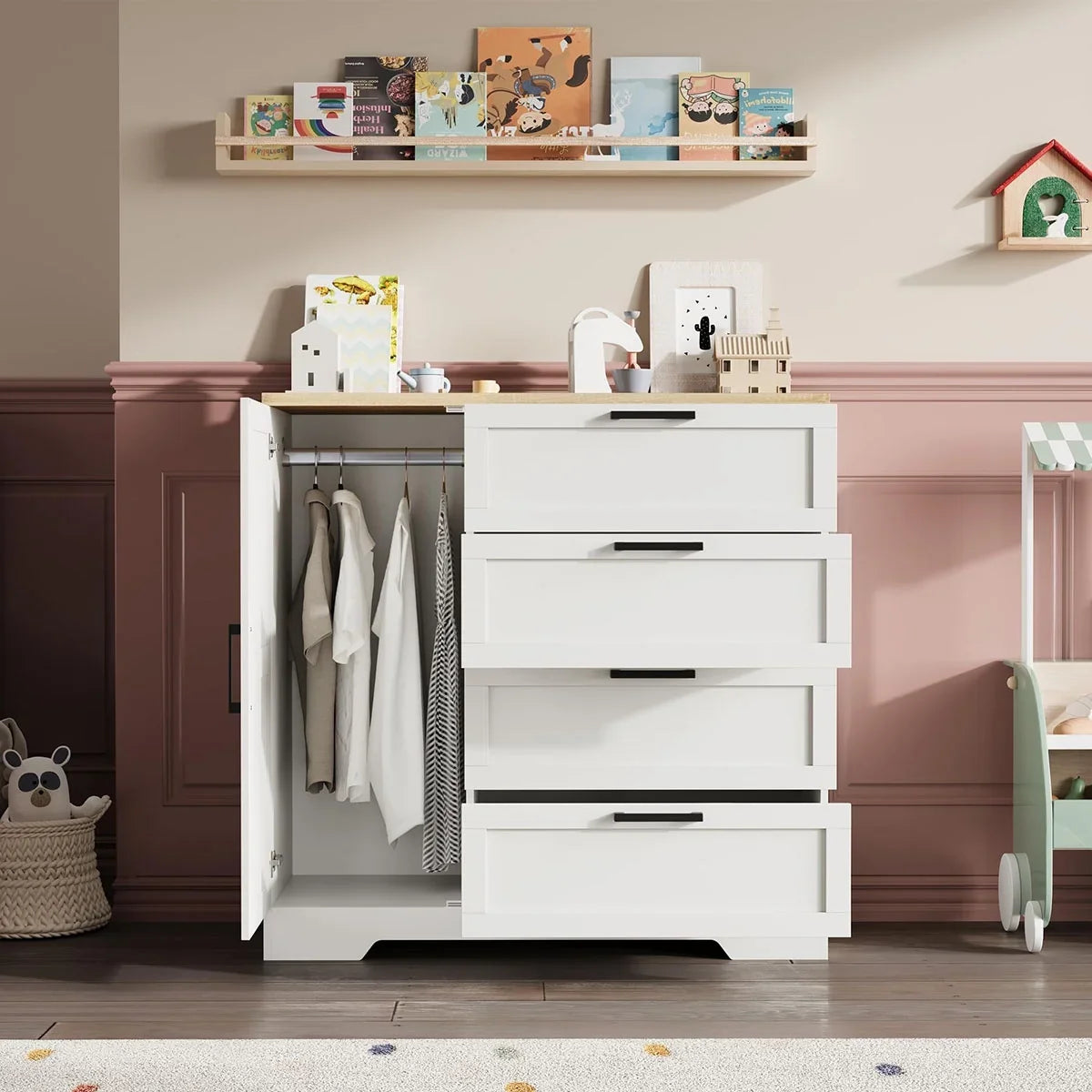 2026 New Ataucjin Wood Armoire Wardrobe Closet with 4 Drawers and Door, 43.3" H Bedroom Wardrobe Cabinet with Hanging Rod, Clothing Storage Cabinets, 4 Drawers Dresser with Storage Closet - Image 21