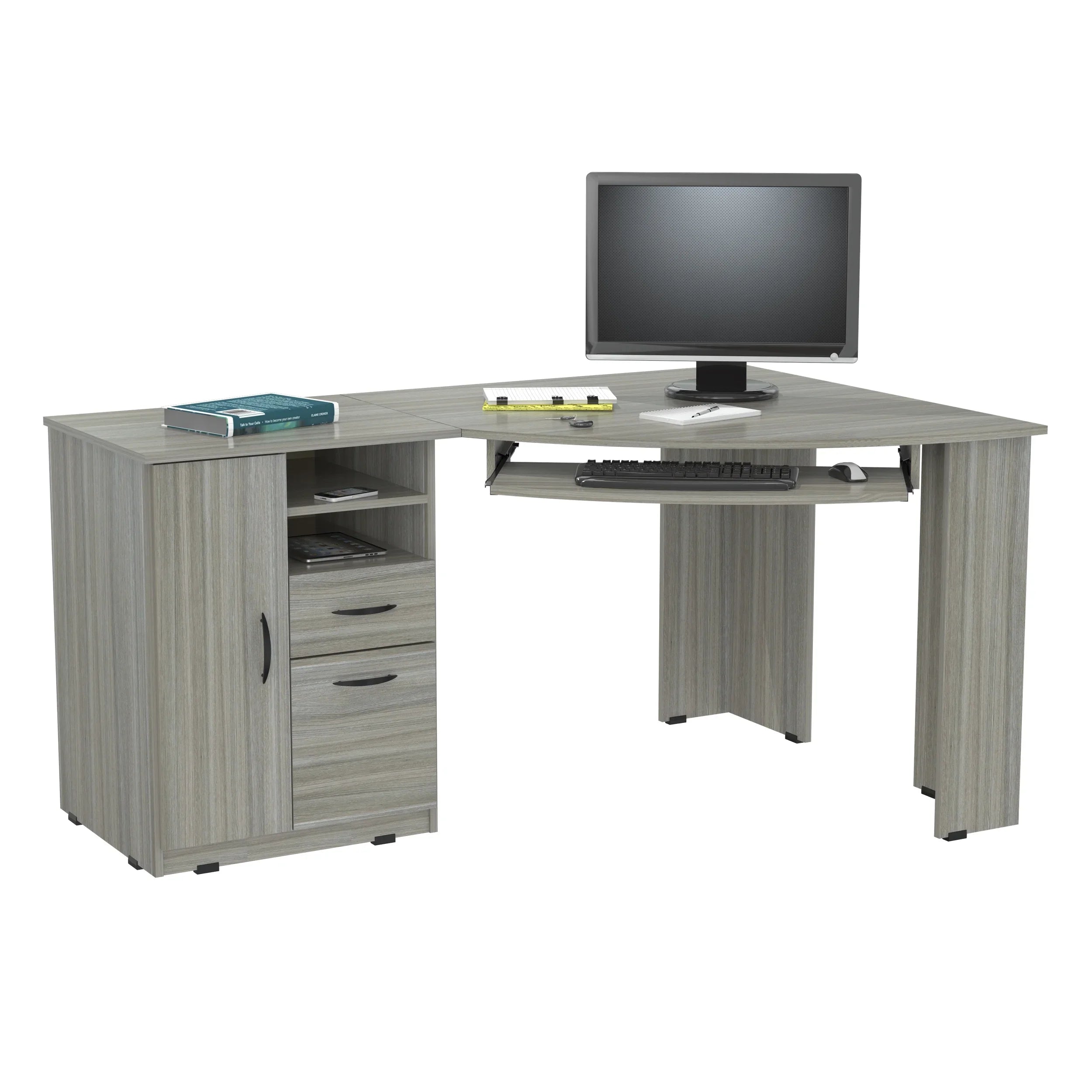 2026 New Inval Modern Corner Desk with 2 Drawers and Cabinet, Washed Oak - Image 13