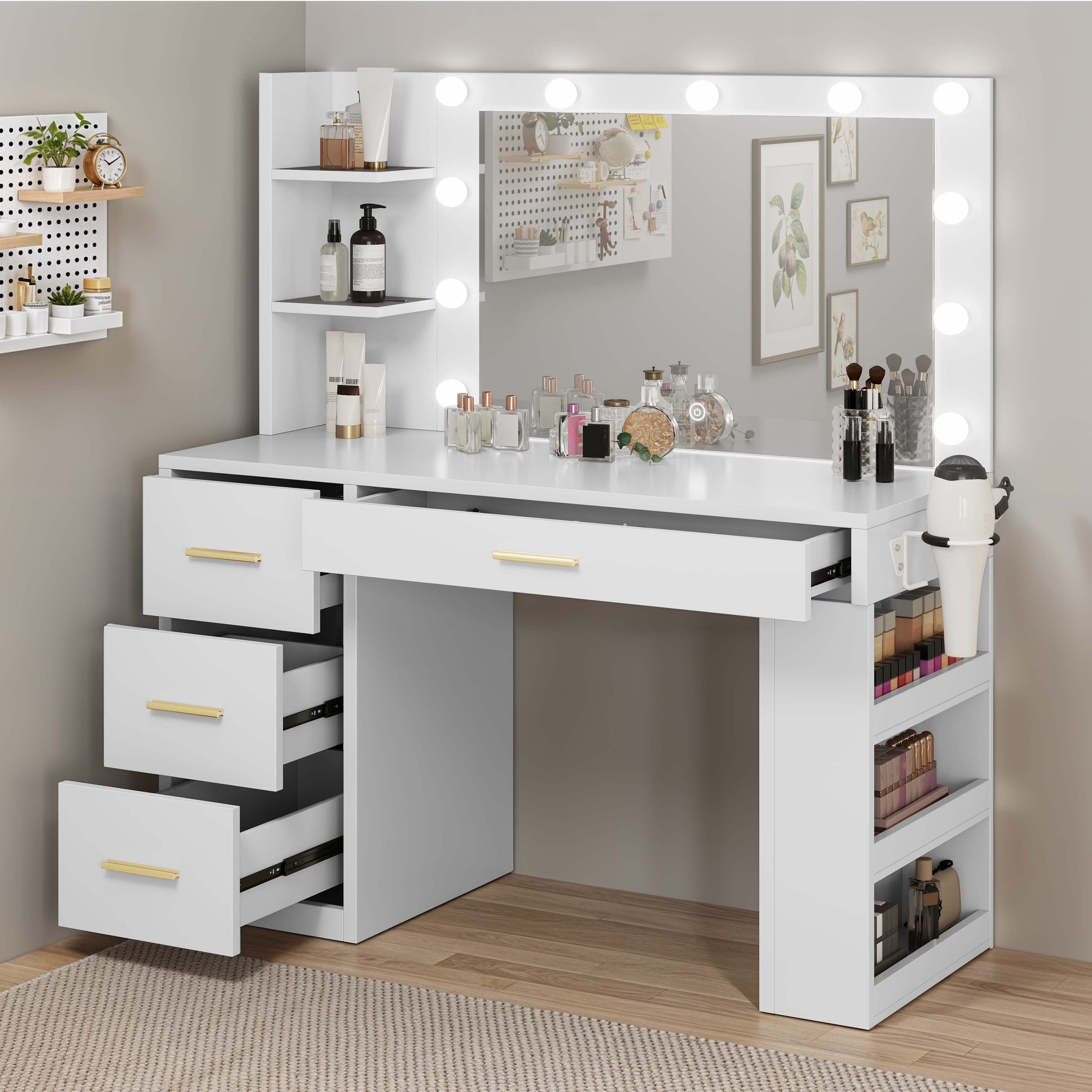 2026 New Uforic Makeup Vanity Desk with Mirror & Lights, Vanity Desk with 4 Drawers & Storage Shelves - White