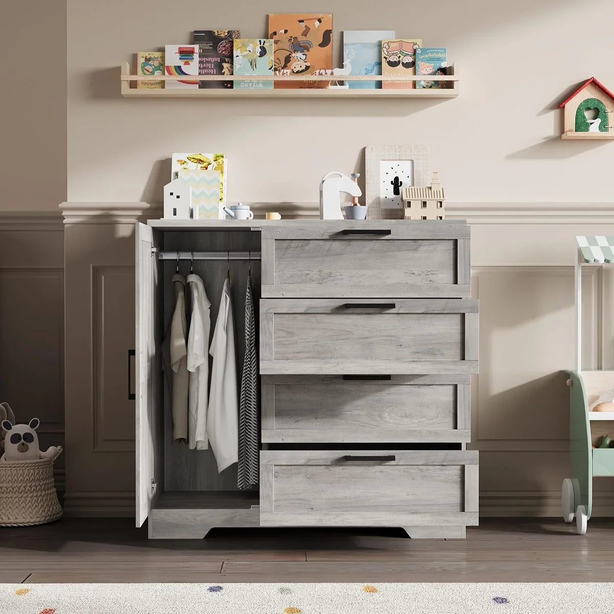 2026 New Ataucjin Wood Armoire Wardrobe Closet with 4 Drawers and Door, 43.3" H Bedroom Wardrobe Cabinet with Hanging Rod, Clothing Storage Cabinets, 4 Drawers Dresser with Storage Closet - Image 15