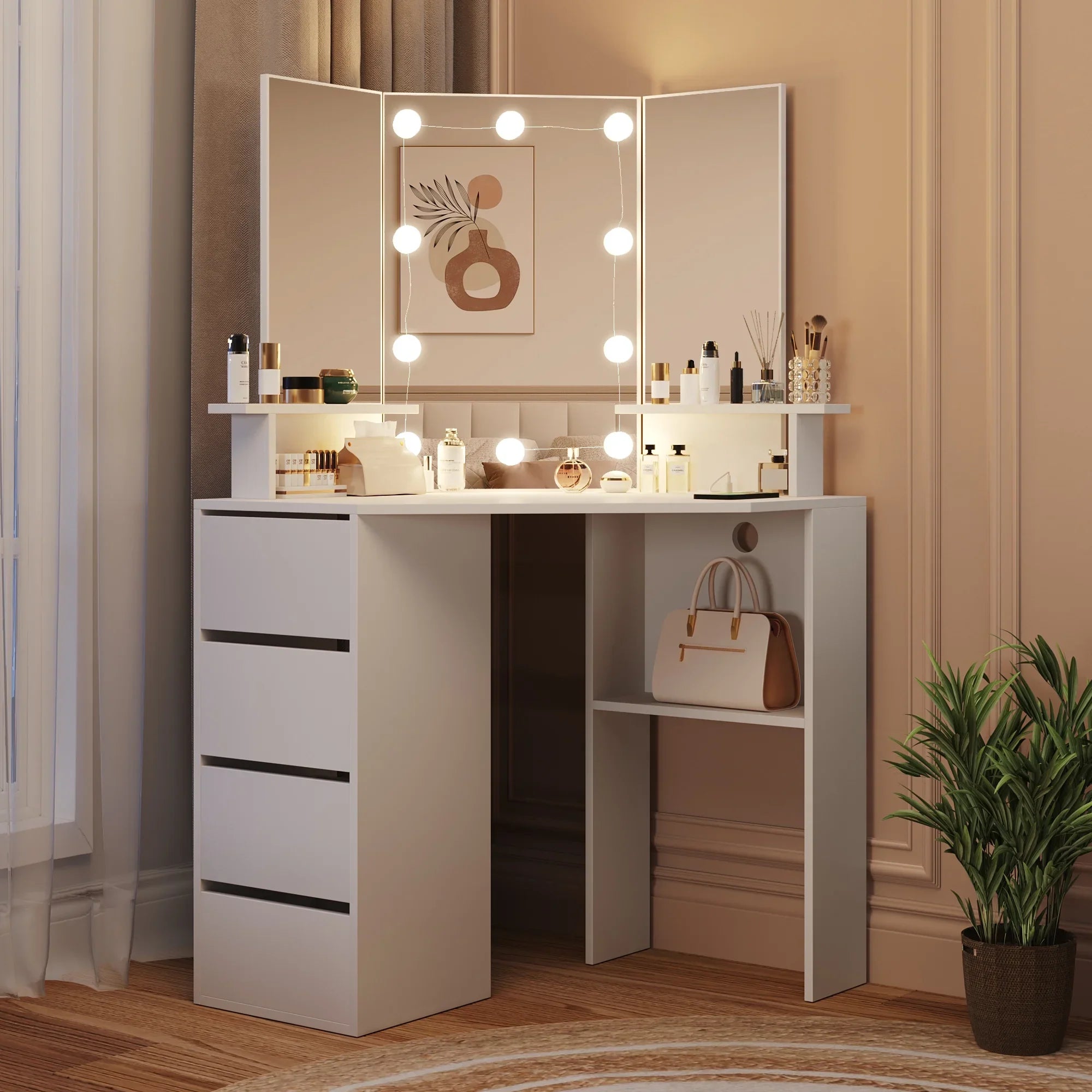 2026 New Veanerwood White Corner Vanity Desk with Mirror and Light,Makeup Table with 4 Drawers and Charging Station for Bedroom - Image 6