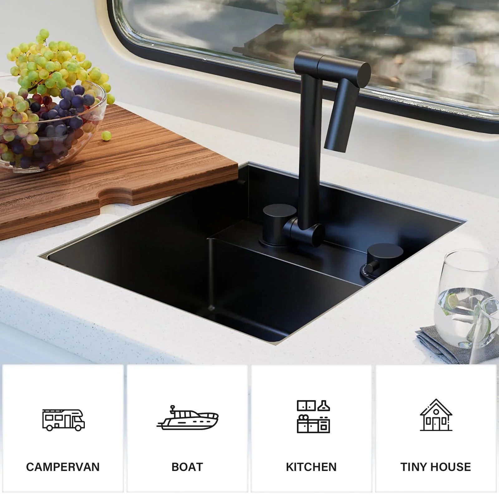 2026 New TORVA RV Kitchen Sink, 13 x 15 x 7 Inch Undermount Bar Sink 16 Gauge Stainless Steel Single Bowl Sink with Foldable Faucet Cutting Board, Dark Grey - Image 7