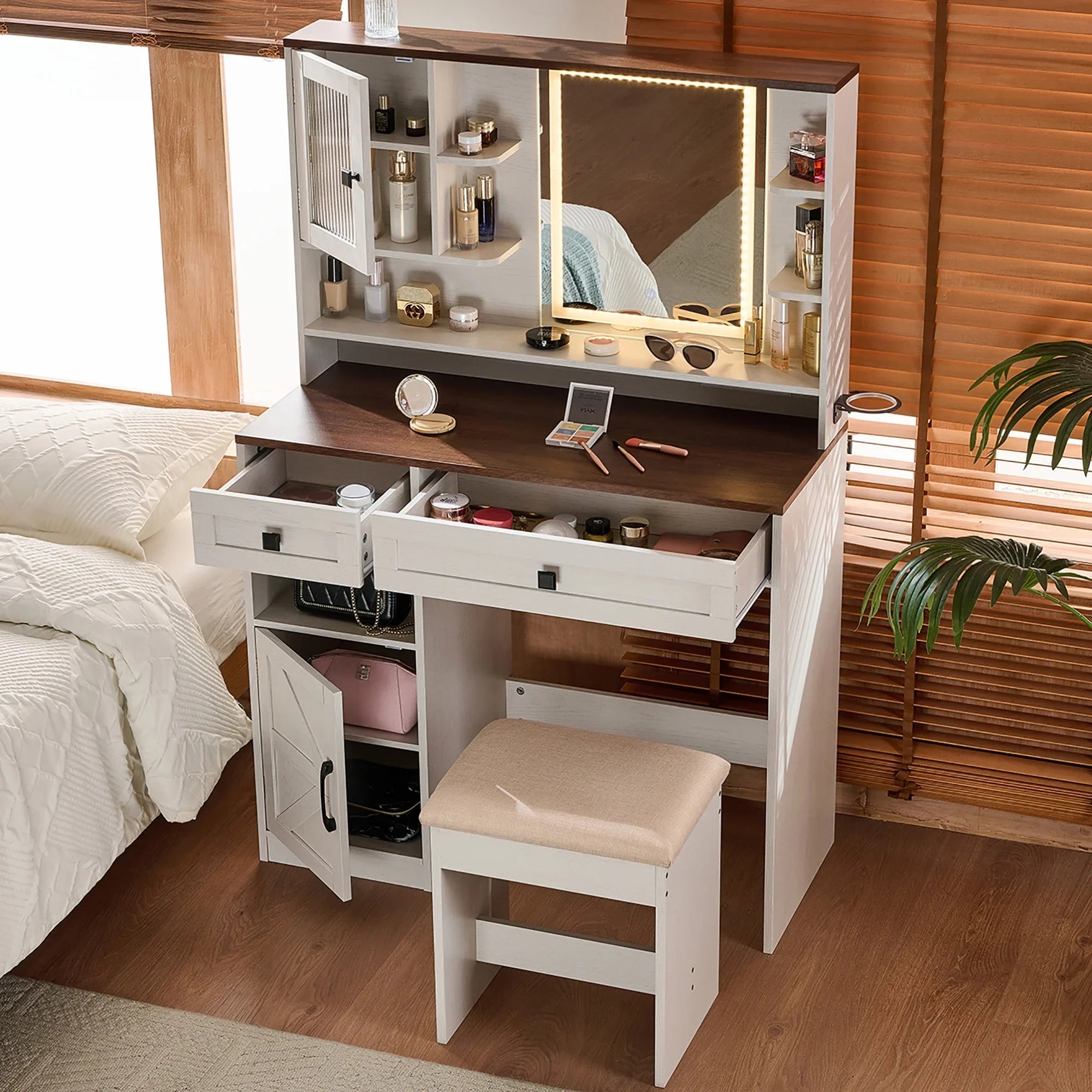 2026 New Farmhouse Makeup Vanity Desk with Mirror and Lights,Dressing Table Set with Charging Station and Stool,Drawers,Shelves and Side Cabinet,White - Image 12