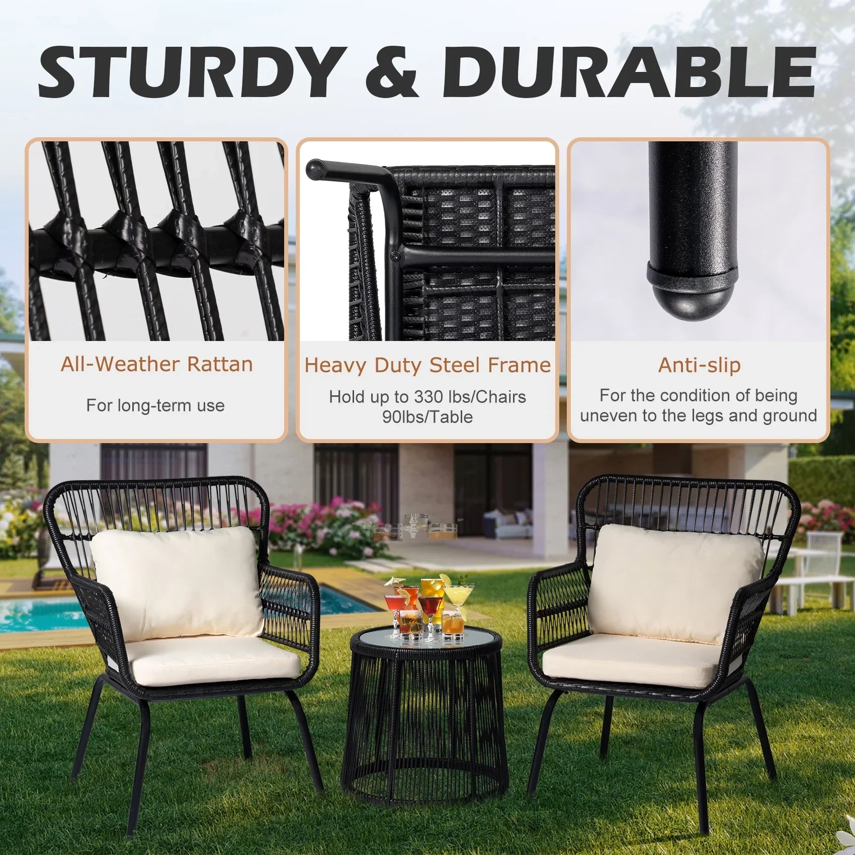 2026 New Tappio 3-Piece Patio Conversation Bistro Set Rattan Furniture, Outdoor Patio Set w/Glass Top Table & Cushions for Garden Balcony Backyard Poolside, Yellow/Beige - Image 21