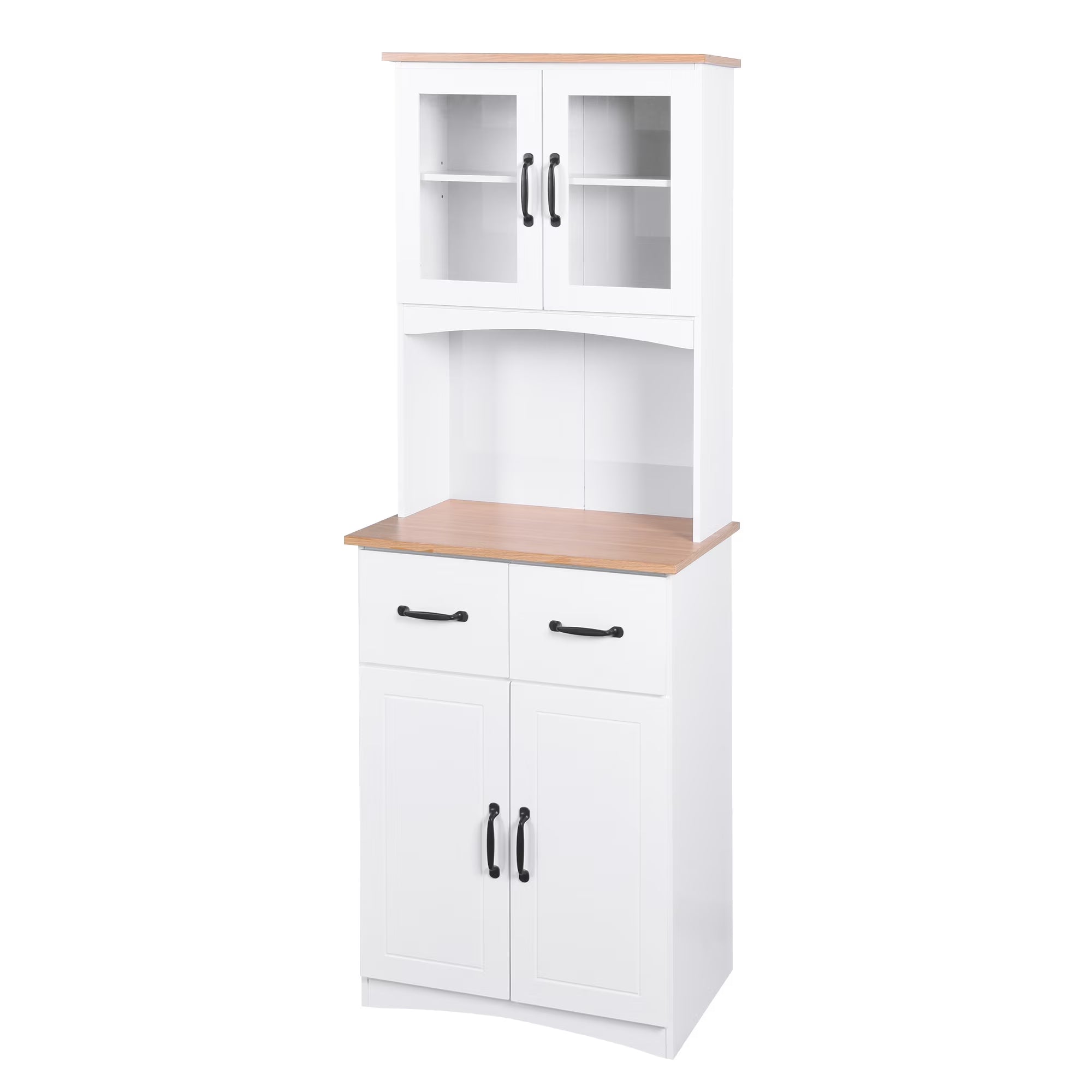 2026 New Clearance! Wooden Kitchen Cabinet White Pantry Room Storage Microwave Cabinet with Framed Glass Doors and Drawer