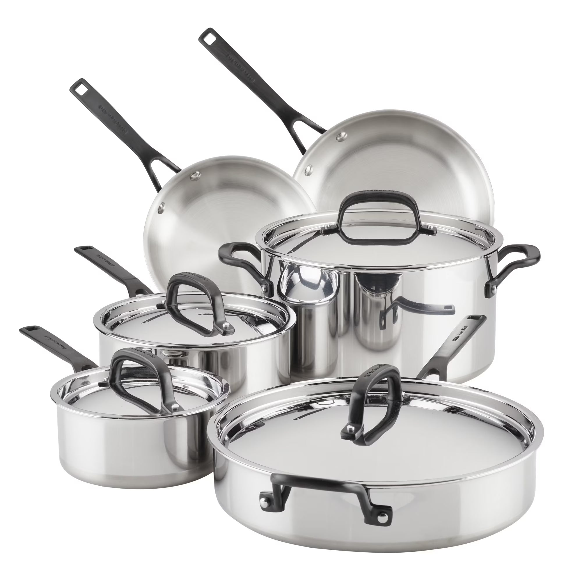 2026 New KitchenAid 5-Ply Clad 10 Pcs Stainless Steel Cookware Induction Pots and Pans Set, Dishwasher Safe, Metal Utensil, Broiler and Oven Safe to 500" F, Polished Stainless Steel