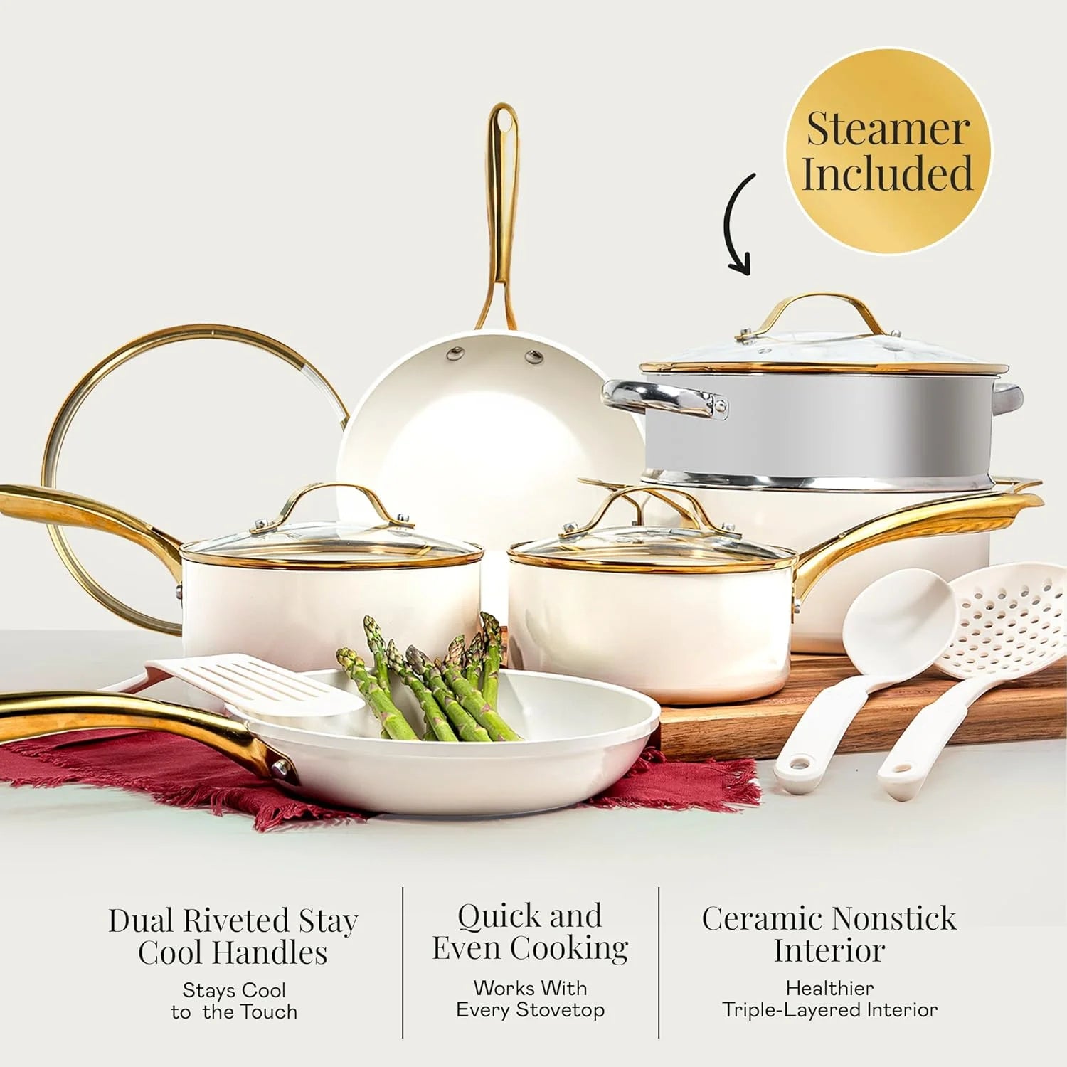 2026 New Gotham Steel 15 Pc Ceramic Cookware Set, Ceramic Pots and Pans Set Non Stick with Cooking Utensils and Steamer, Non Toxic, Premium Gold Stay Cool Handles, Oven & Dishwasher Safe - Image 3