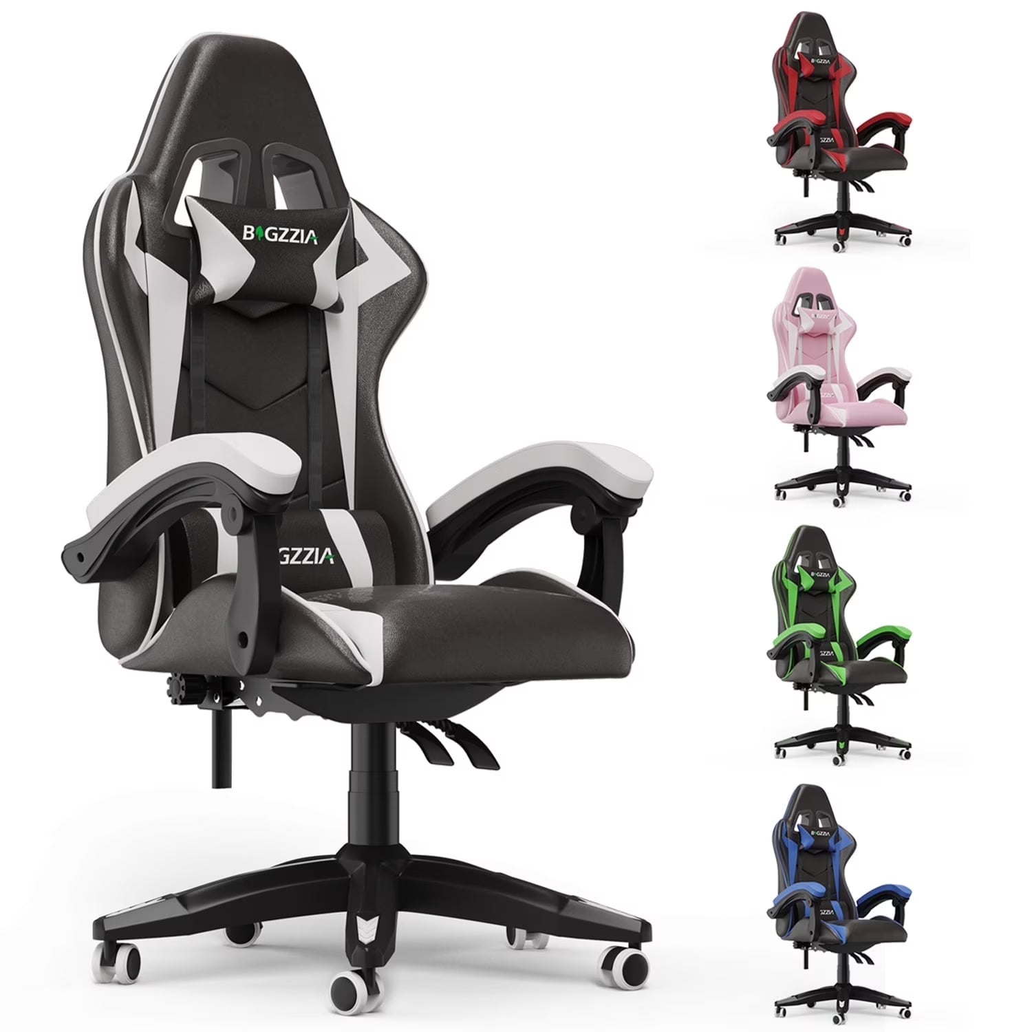 2026 New Bigzzia Gaming Chair Office Chair, Ergonomic Game Chair with Height Adjustable Headrest and Lumbar Support for Adults Teens, Black & White