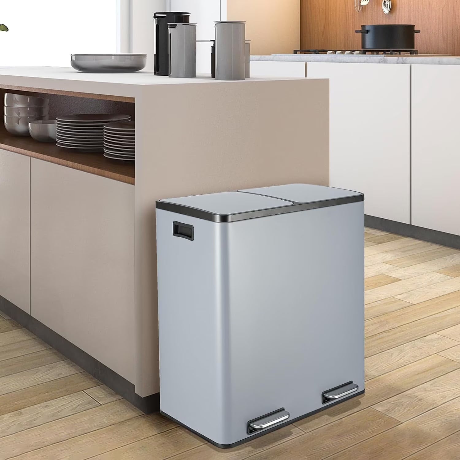 2026 New LAZY BUDDY Dual Garbage Can, Stainless Steel 16 Gallon Step Kitchen Trash Can with Soft-Close Lid, Double Compartment Garbage Recycling Bin - Image 6