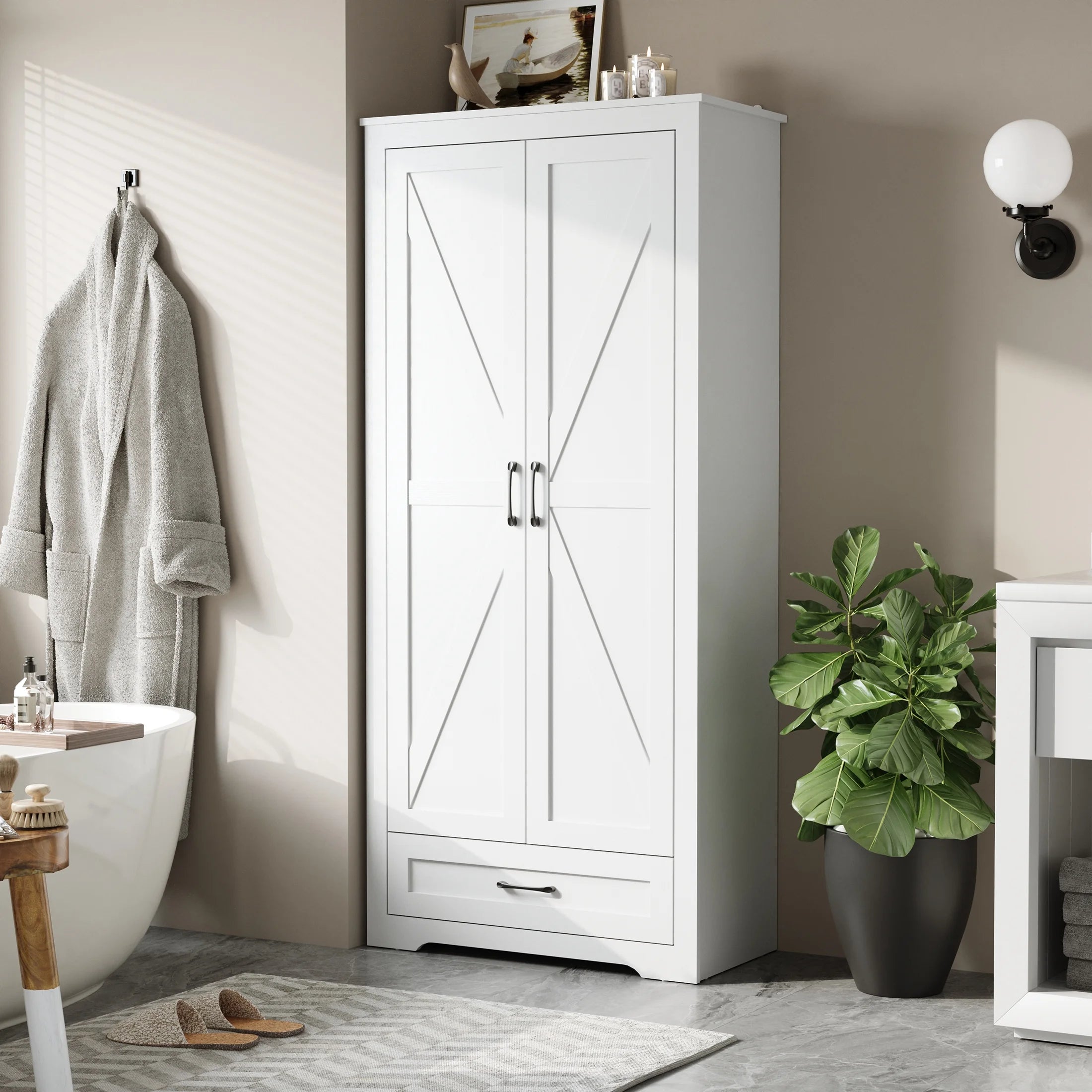 2026 New YouTrend 69" Tall Kitchen Pantry,Farmhouse Storage Cabinet with 2 Barn Doors 4 Adjustable Shelves and Large Drawer for Dining Room,Living Room,Bathroom,White - Image 9