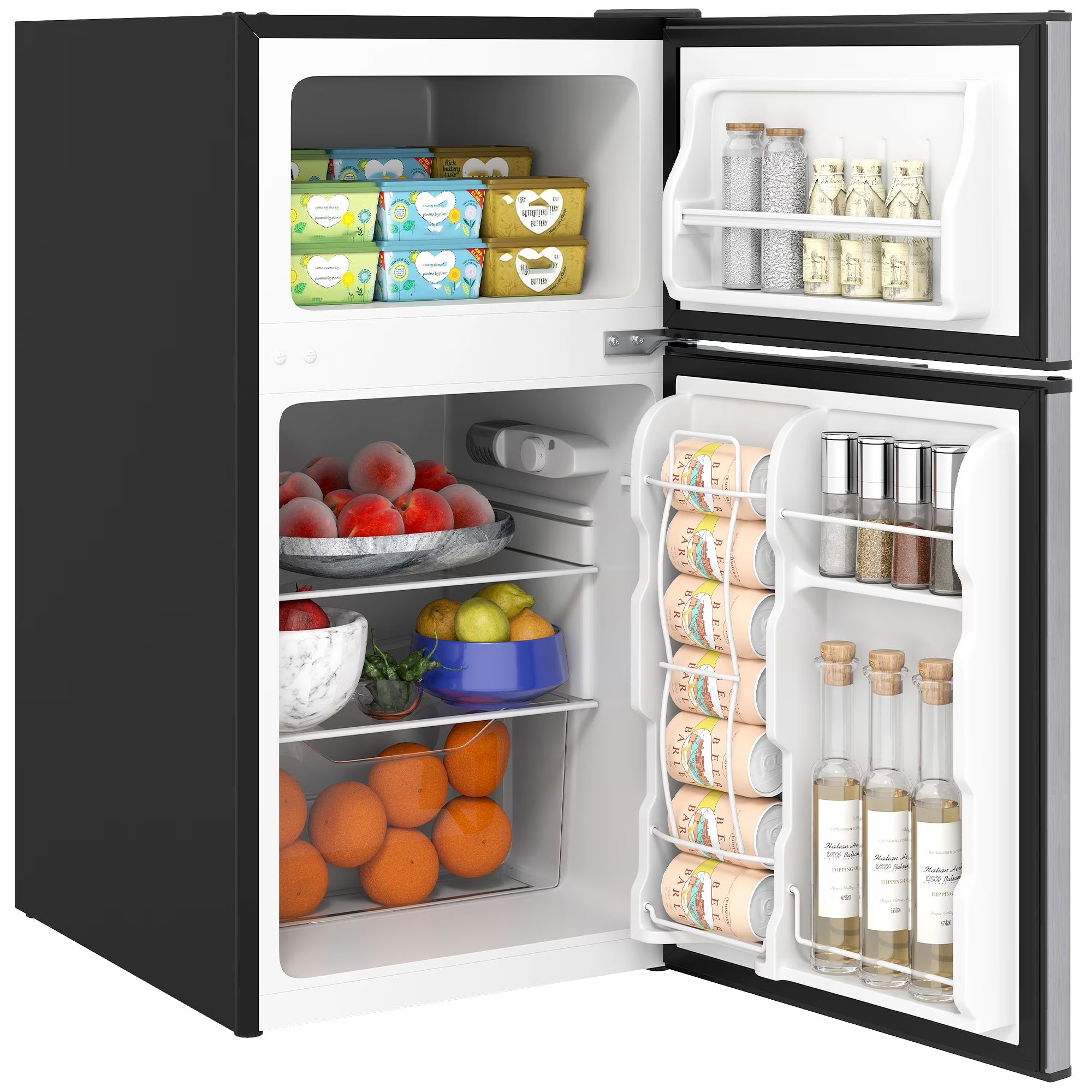 2026 New Homiyad 3.2 Cu.Ft Mini Fridge with Freezer, Double Door Compact Refrigerator with Adjustable Thermostat, Shelf and Reversible Door for Bedroom, Dorm, Home Office, Energy Efficient, Black