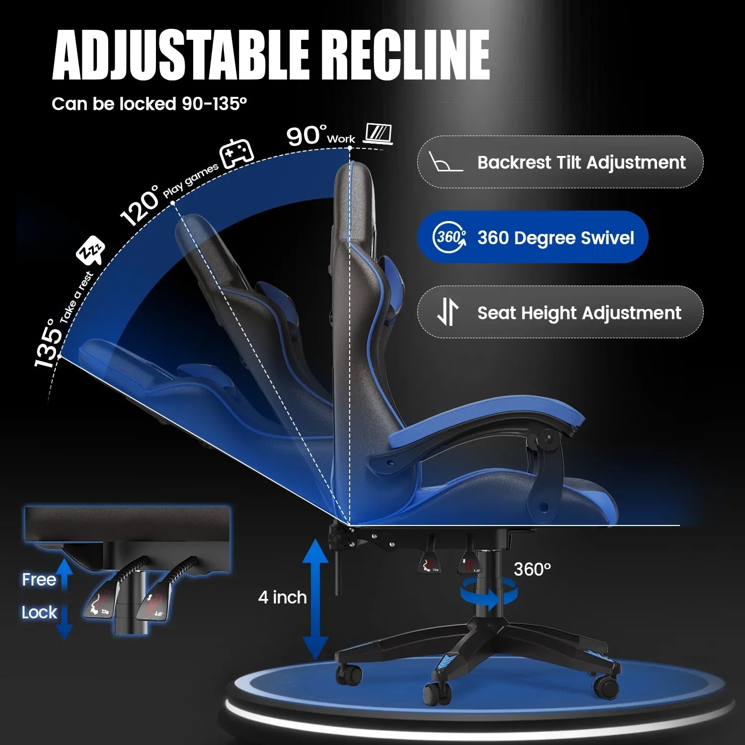 2026 New Bigzzia Gaming Chair Office Chair, Ergonomic Game Chair with Height Adjustable Headrest and Lumbar Support for Adults Teens, Black & White - Image 74