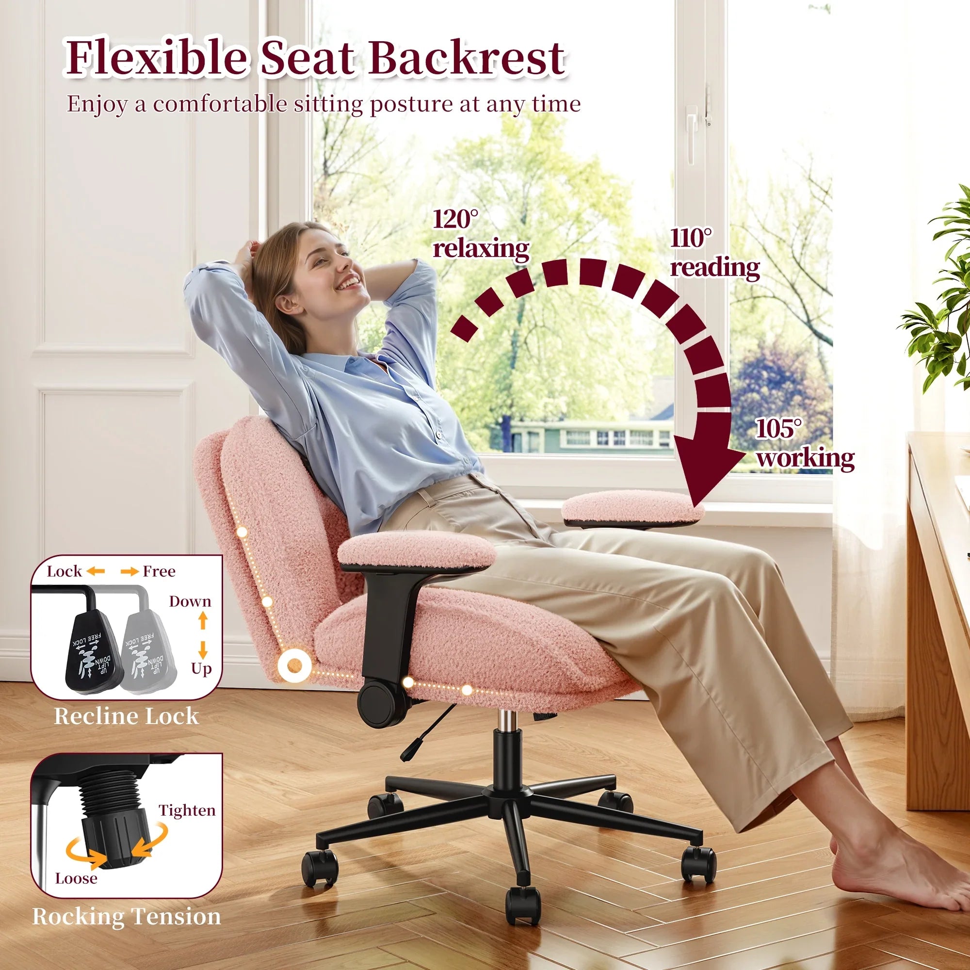 2026 New Romorgniz Criss Cross Chair with Adjustable Arms & Lumbar Support Office Chair with Reclining Back, Thick Cushion & Wheels for Office, Gaming, Reading, Vanity, Off-White - Image 27