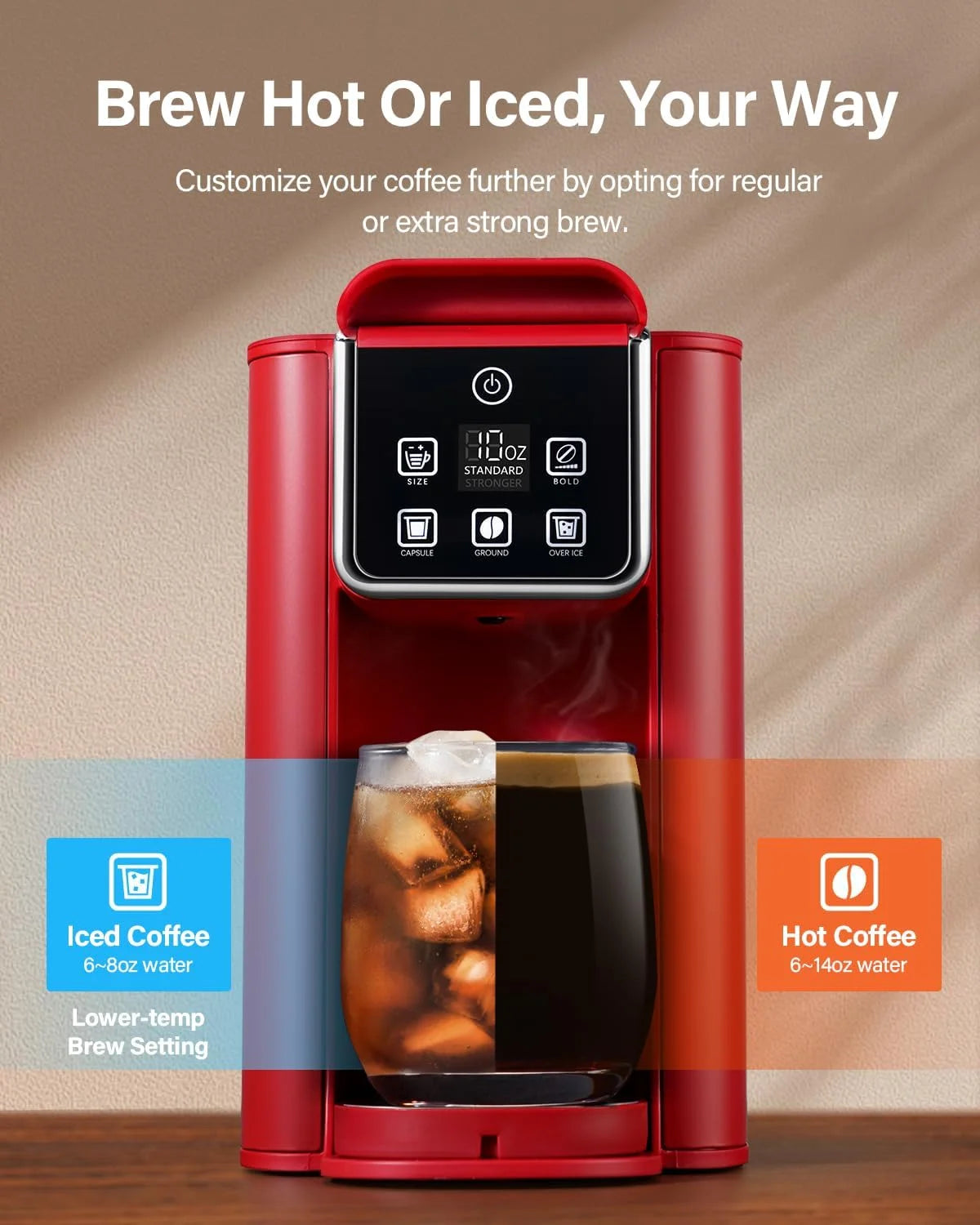 2026 New Single Serve Coffee Maker, Hot and Iced Coffee Machine for K-Cup Pods & Ground Coffee, 6 to 14 oz Brew Sizes, 50 oz Removable Water Tank, Bold Brew Setting, Stainless Steel, Black - Image 10