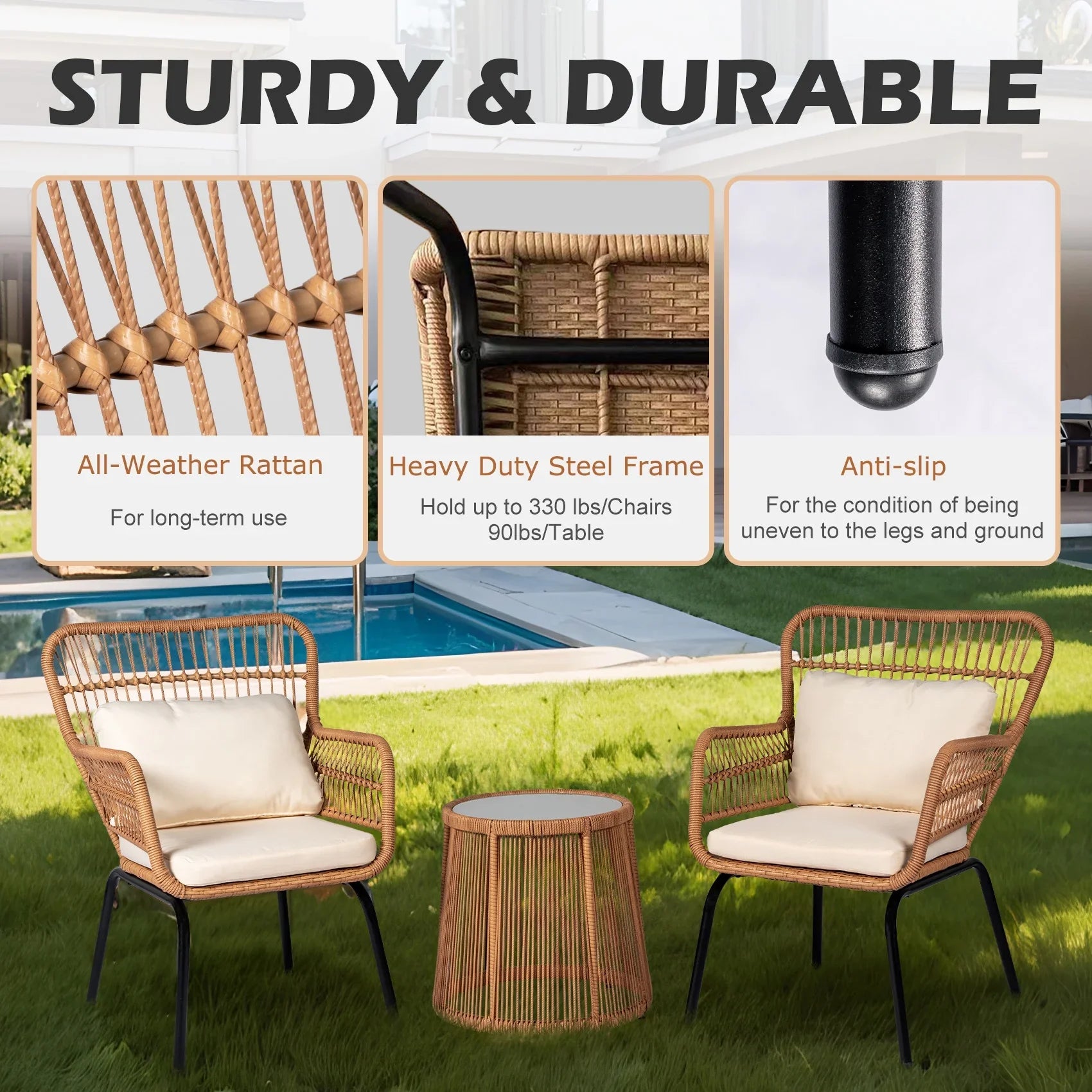 2026 New Tappio 3-Piece Patio Conversation Bistro Set Rattan Furniture, Outdoor Patio Set w/Glass Top Table & Cushions for Garden Balcony Backyard Poolside, Yellow/Beige - Image 6
