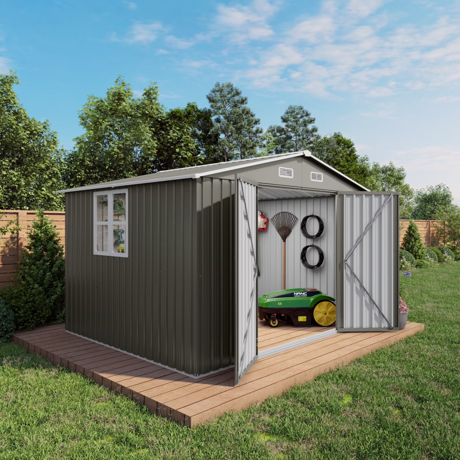 2026 New 10 x 8 FT Outdoor Storage Shed, Large Metal Storage Shed, Lockable Door and Air Vent, Clear Window Garden Tool Shed for Bicycles, Tools, Lawnmowers, Backyards, Patios, Lawns - Gray