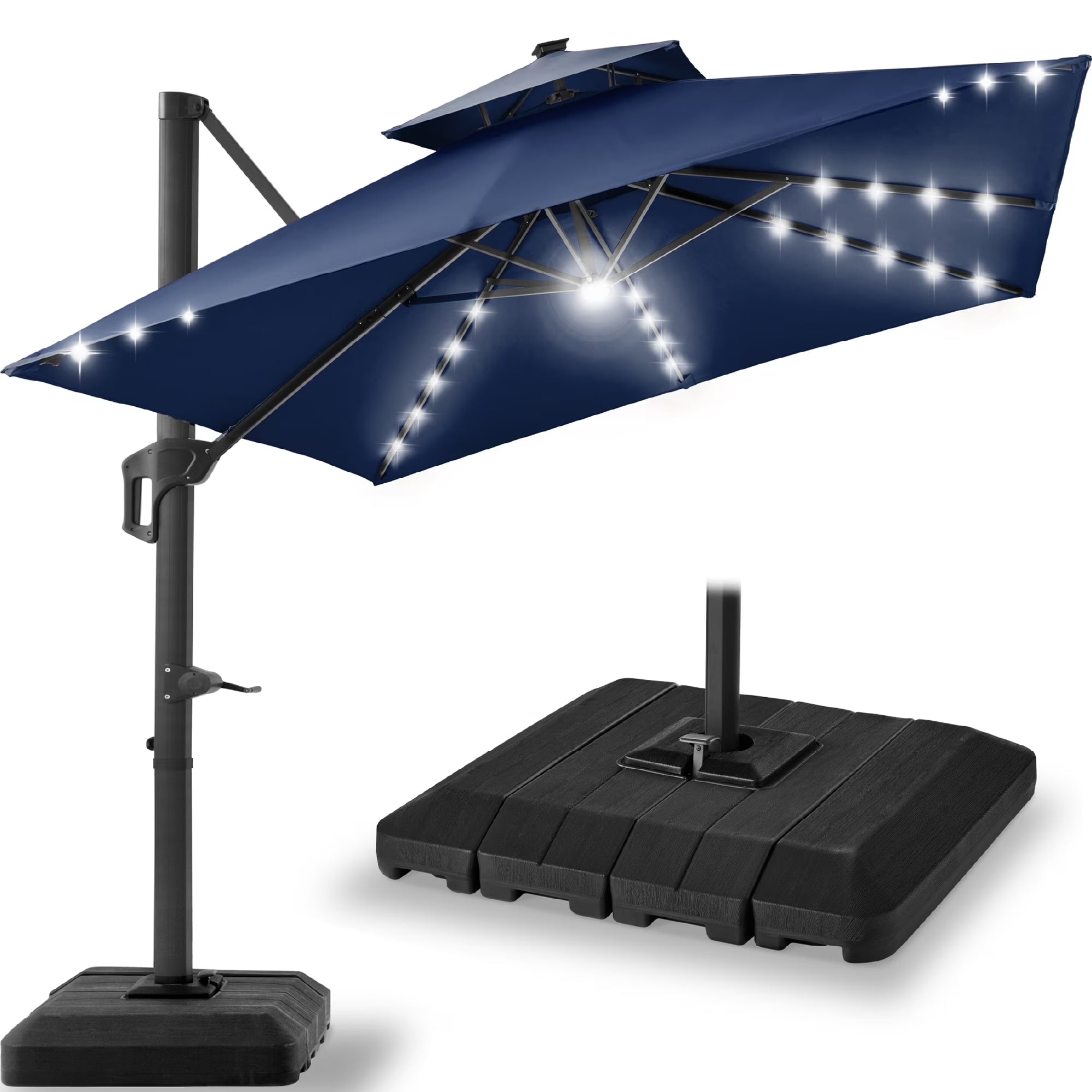 2026 New Best Choice Products 12x12ft 2-Tier Square Outdoor Solar LED Cantilever Umbrella w/ 360-Rotating Base Navy Blue