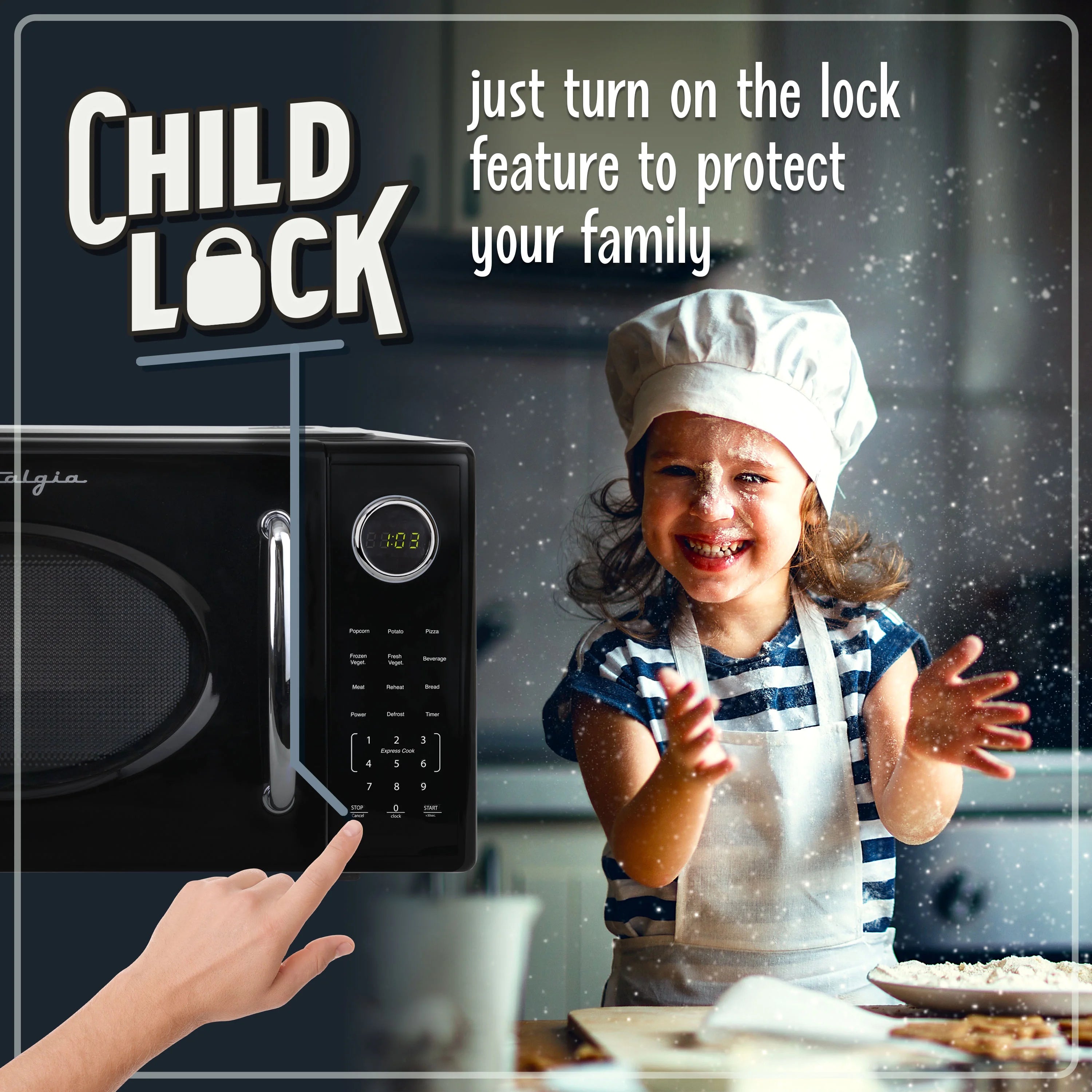 2026 New Nostalgia Retro Microwave Oven - 1.1 Cu Ft & 1000-Watt Countertop Size with Glass Turntable, Child Safety Lock, 8 Auto-Cook Programs & Digital Clock - Black - Image 10