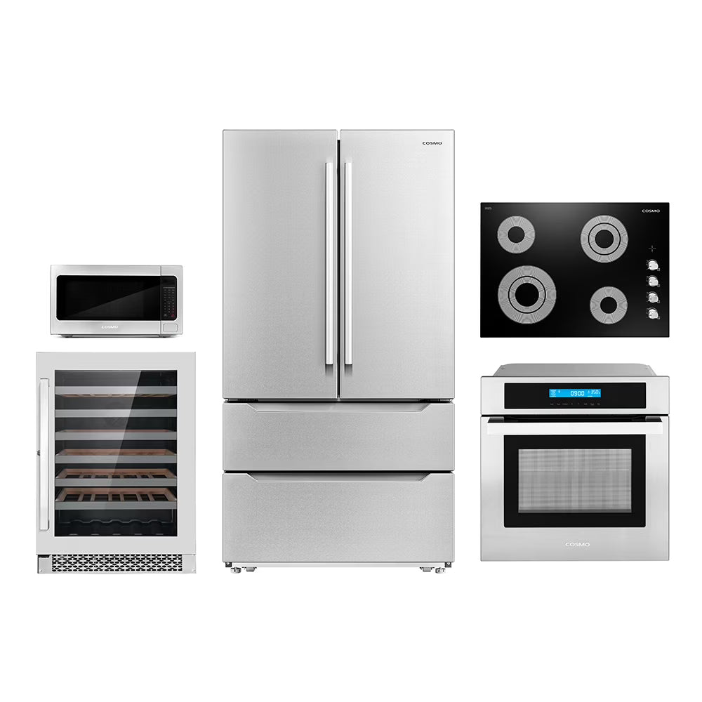 2026 New Cosmo 5 Piece Kitchen Appliance Package With 30" Electric Cooktop 30" Single Electric Wall Oven 30" Over-the-range Microwave French Door Refrigerator & 24" Built-in Fully Integrated Dishwasher