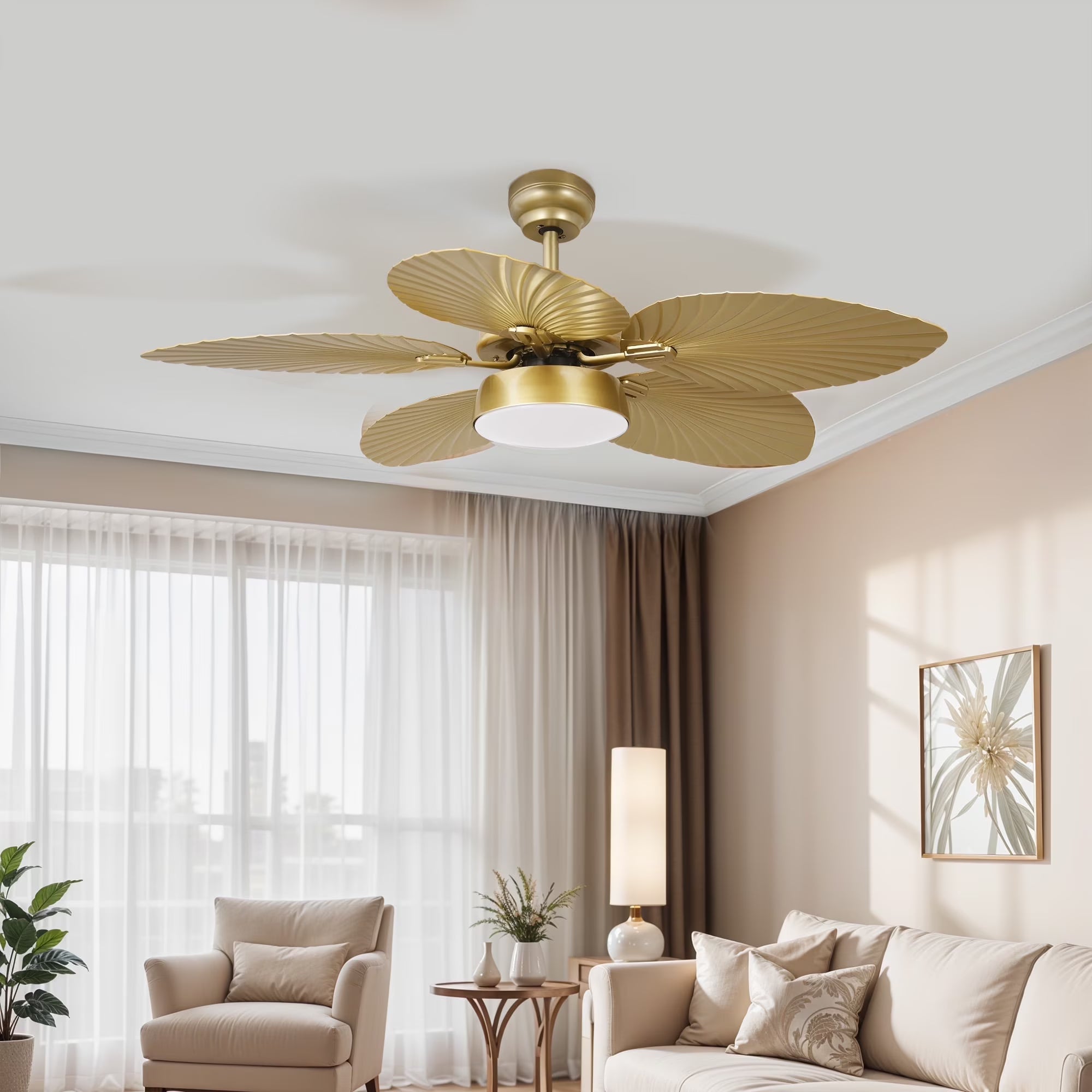 2026 New ModFusion 52" Gold Tropical Ceiling Fan with LED Light & Remote -C Palm Leaf Blades, Quiet Reversible DC Motor Indoor/Outdoor
