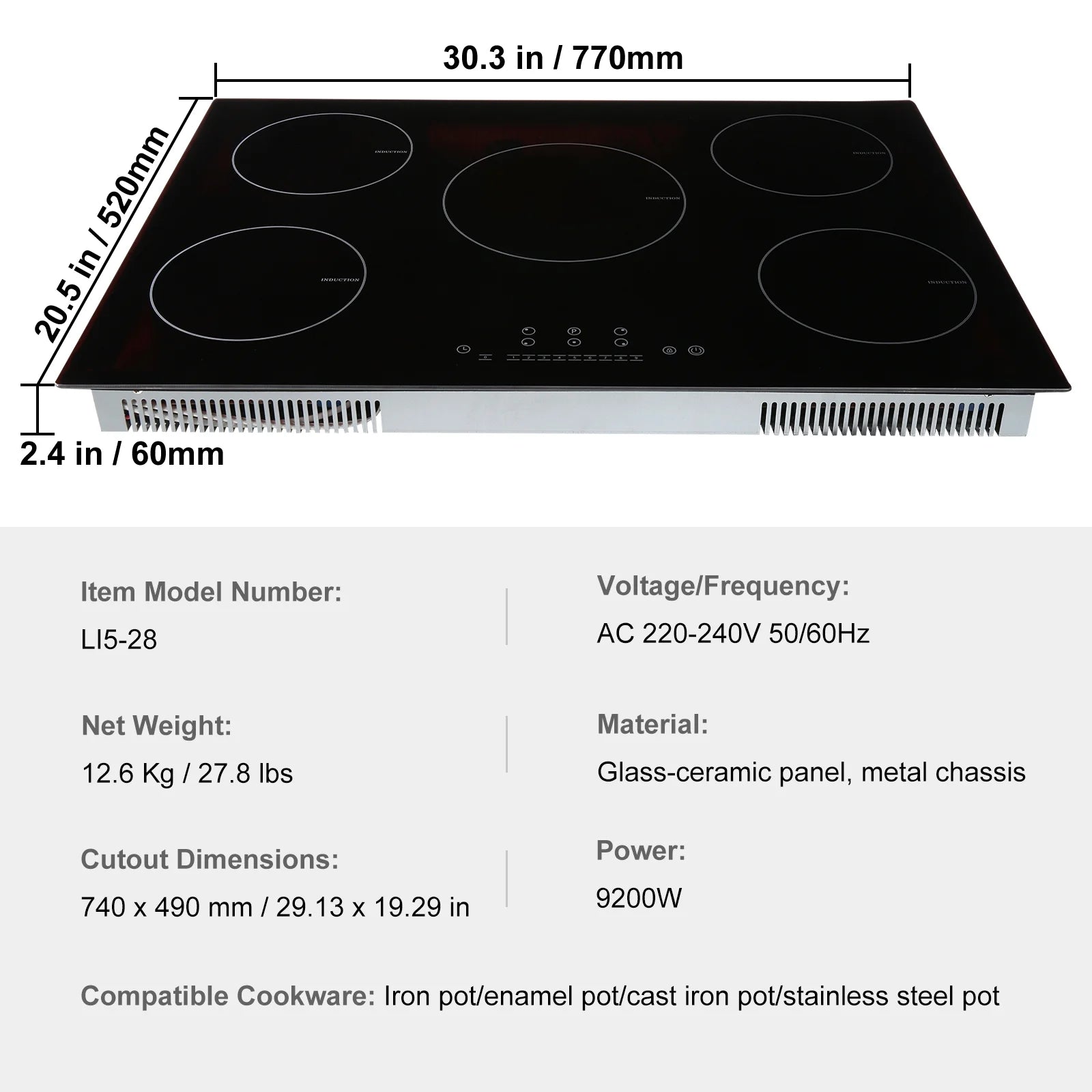 2026 New KFFKFF Electric Range, 5 Elements, 30'' Built-in Induction Cooking Surface, 9200W, 9 Power Settings, LED Display, Safety Lock & Heat Guard - Image 3