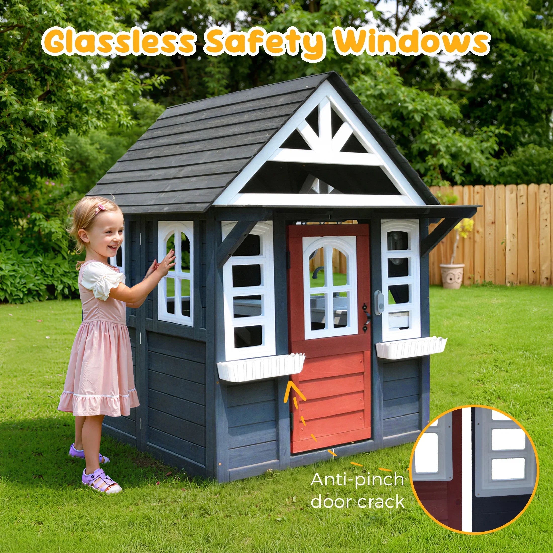2026 New COCLUB Outdoor Playhouse for Kids Ages 4-8, Wooden Play House with Doorbell, Phone, Kitchen Toys, Outdoor Kids Play Equipment, Casa Para Niñas (45”L x 65”H), White & Black - Image 15
