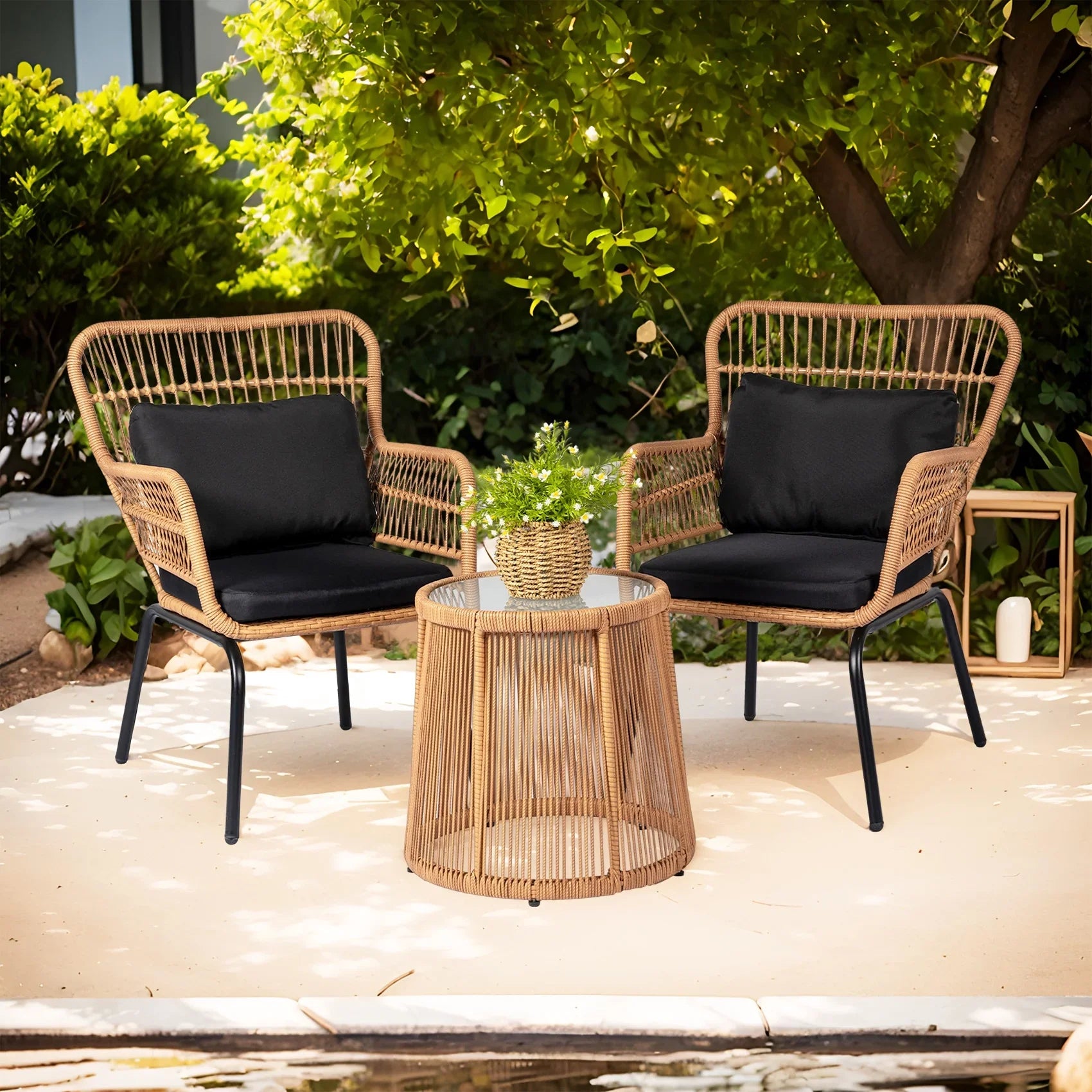 2026 New Tappio 3-Piece Patio Conversation Bistro Set Rattan Furniture, Outdoor Patio Set w/Glass Top Table & Cushions for Garden Balcony Backyard Poolside, Yellow/Beige - Image 32