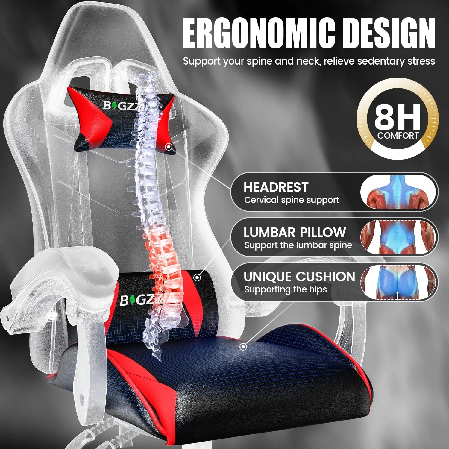2026 New Bigzzia Gaming Chair Office Chair, Ergonomic Game Chair with Height Adjustable Headrest and Lumbar Support for Adults Teens, Black & White - Image 43