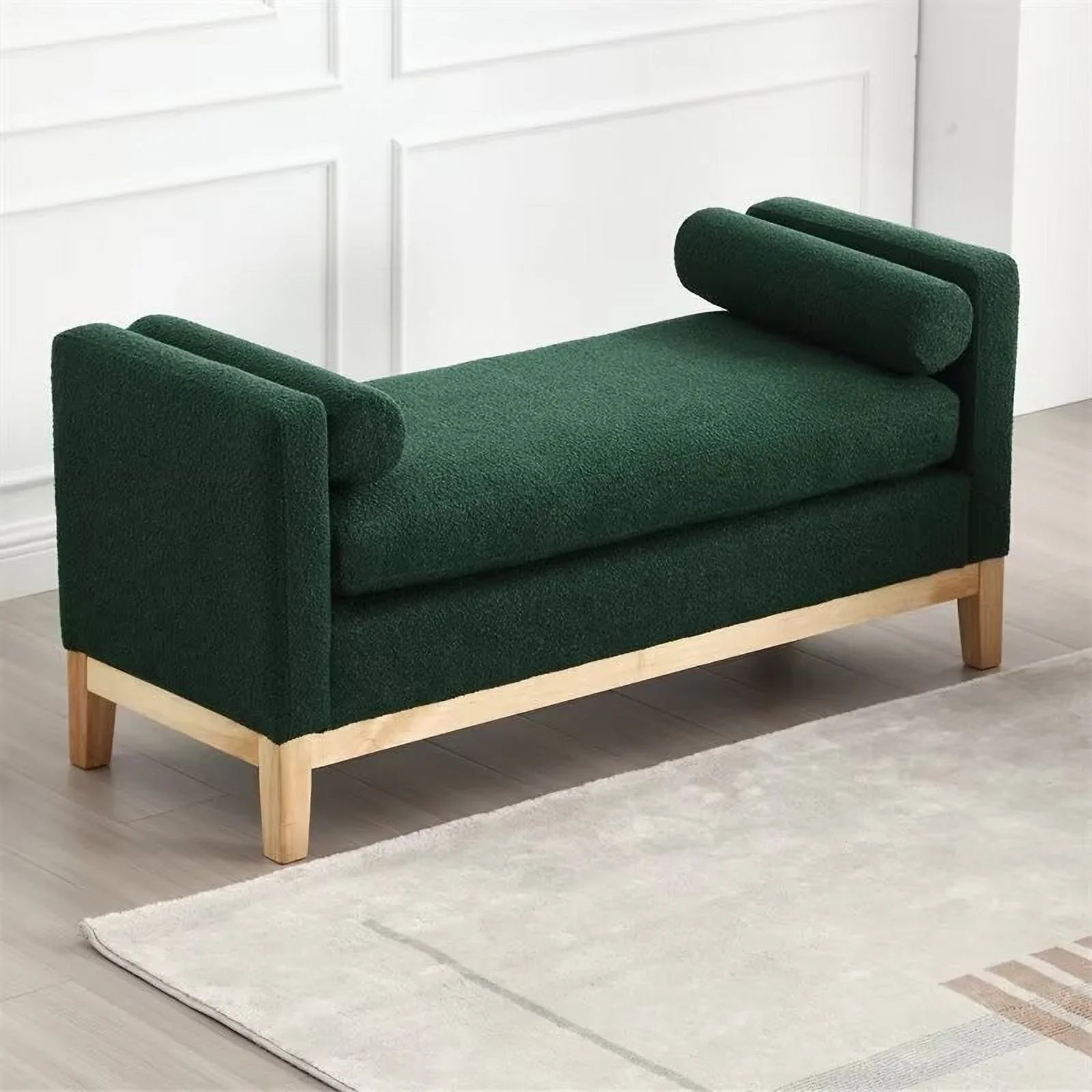 2026 New End of Bed Bench, 53.5" Boucle Fabric Upholstered Entryway Bench with Wood Legs & Bolster Pillows, Rolled Arm Cushioned Ottoman Foot Rest Long Stool Window Extra Seating for Bedroom, Ivory - Image 25