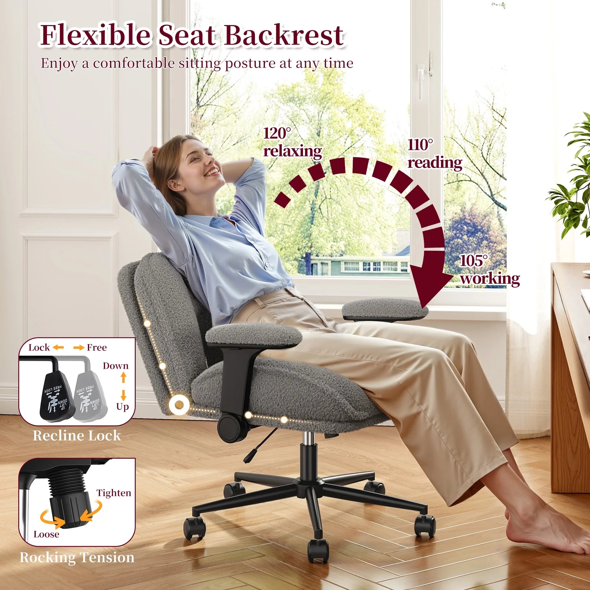 2026 New Romorgniz Criss Cross Chair with Adjustable Arms & Lumbar Support Office Chair with Reclining Back, Thick Cushion & Wheels for Office, Gaming, Reading, Vanity, Off-White - Image 15