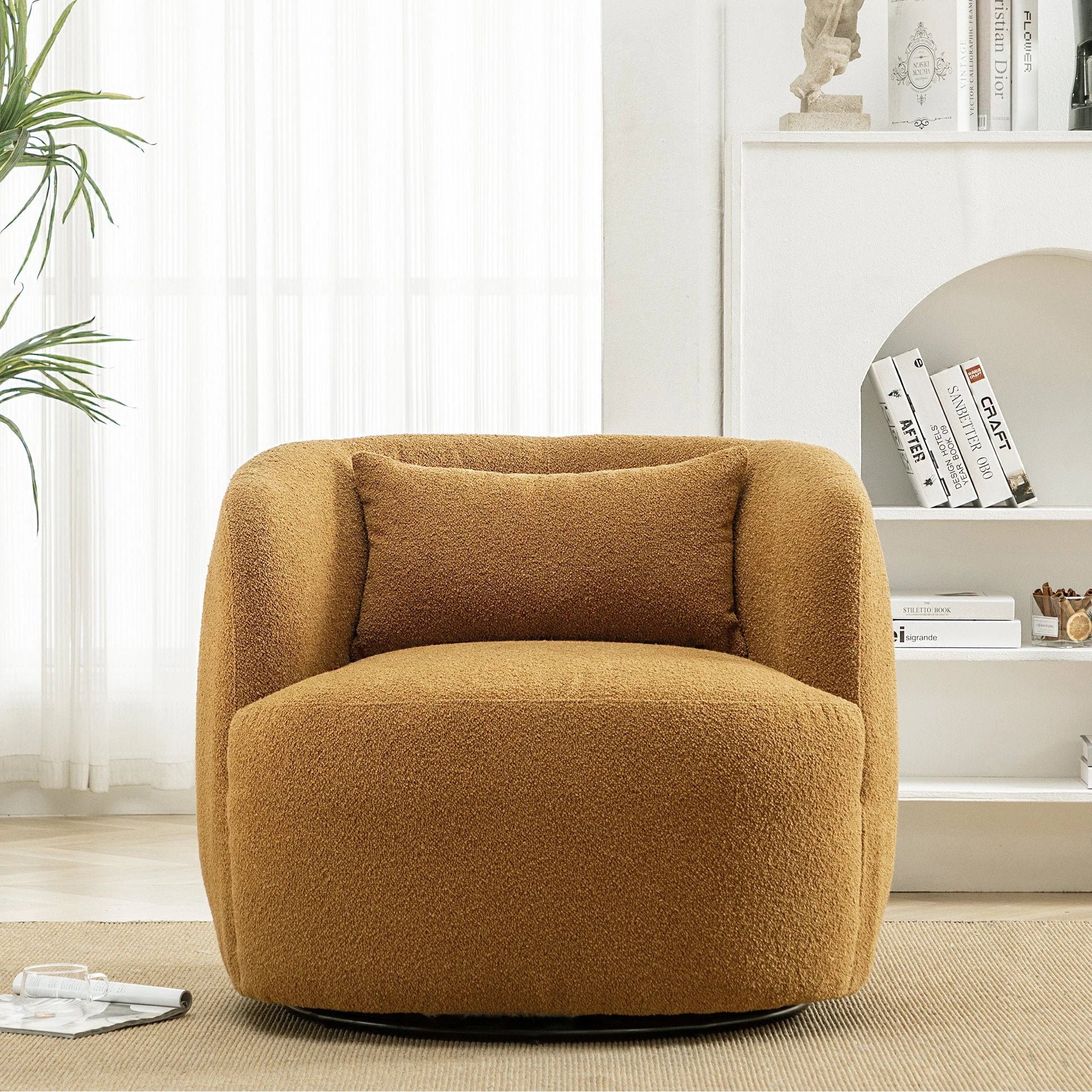 2026 New 34" Wide Boucle Swivel Barrel Chair, No Assembly Round Upholstered Armchair Accent Chair Single Sofa Chair with Toss Pillow for Living Room and Bedroom, Taupe - Image 48