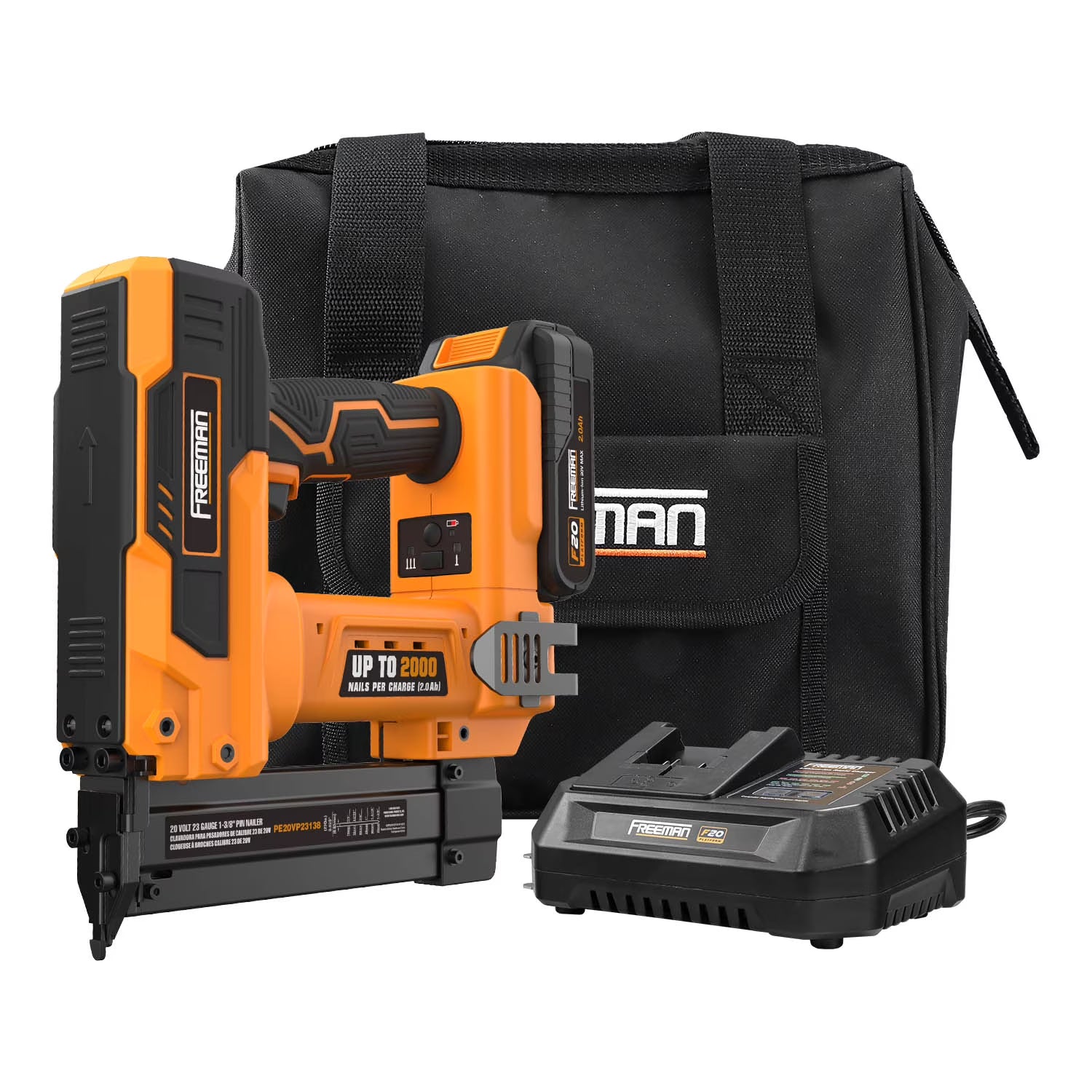 2026 New Freeman PE20VP23138 20 Volt Cordless 23-Gauge 1-3/8" Pin Nailer Kit with Lithium Ion Battery, Charger, Bag, and Nails (1000 Count) -C 2000 Shots per Charge