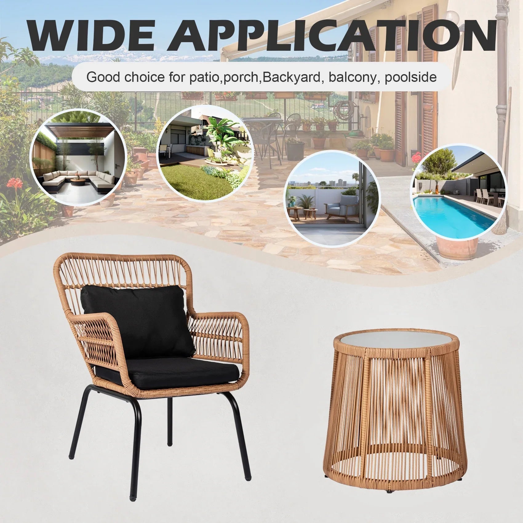 2026 New Tappio 3-Piece Patio Conversation Bistro Set Rattan Furniture, Outdoor Patio Set w/Glass Top Table & Cushions for Garden Balcony Backyard Poolside, Yellow/Beige - Image 34