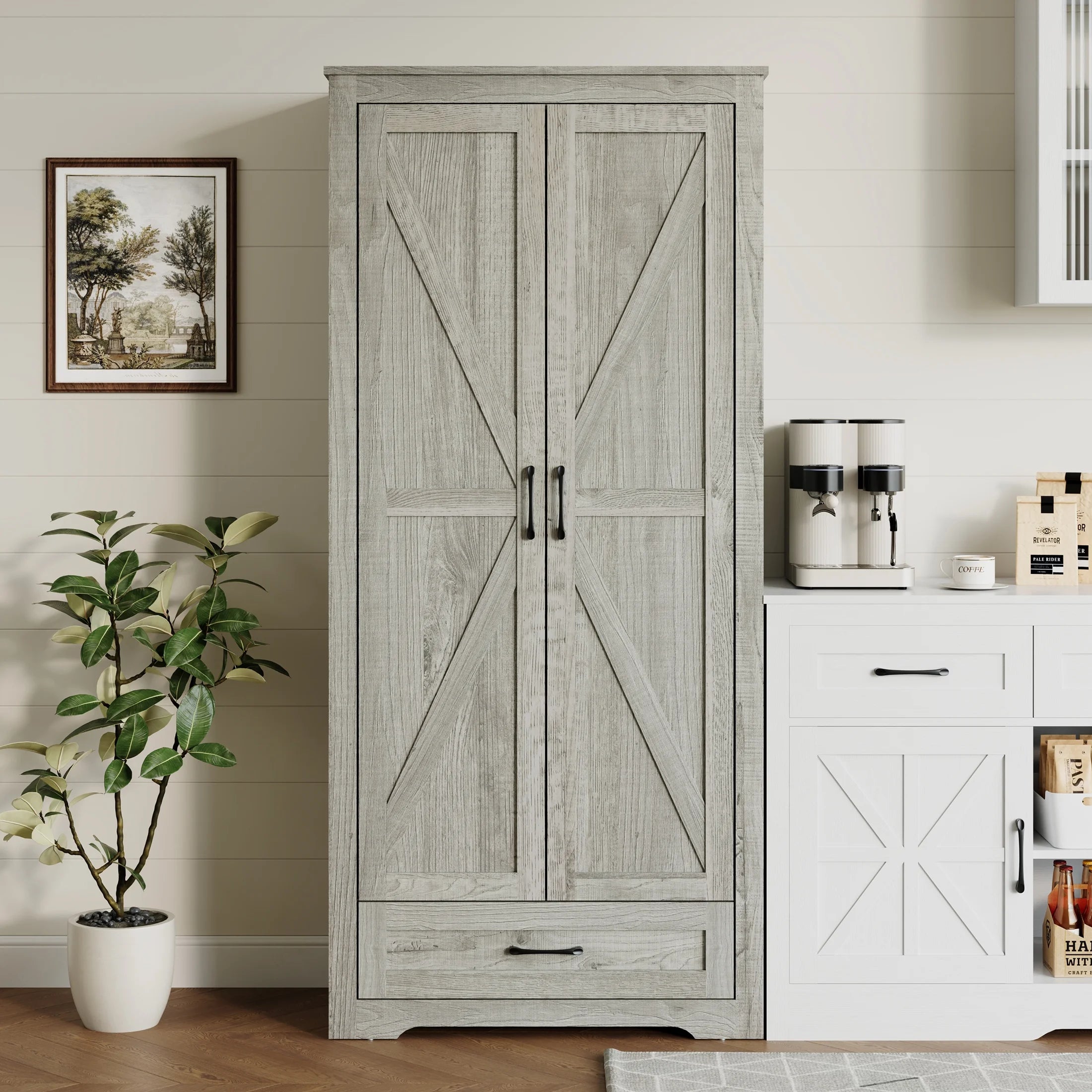 2026 New YouTrend 69" Tall Kitchen Pantry,Farmhouse Storage Cabinet with 2 Barn Doors 4 Adjustable Shelves and Large Drawer for Dining Room,Living Room,Bathroom,White - Image 17
