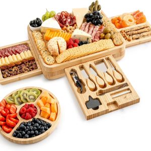 2026 New Zulay Kitchen Bamboo Cheese Board Set Extra Thick Charcuterie Board 15 Piece - Deluxe Set