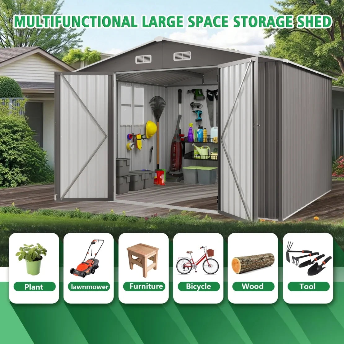 2026 New 10 x 8 FT Outdoor Storage Shed, Large Metal Storage Shed, Lockable Door and Air Vent, Clear Window Garden Tool Shed for Bicycles, Tools, Lawnmowers, Backyards, Patios, Lawns - Gray - Image 13