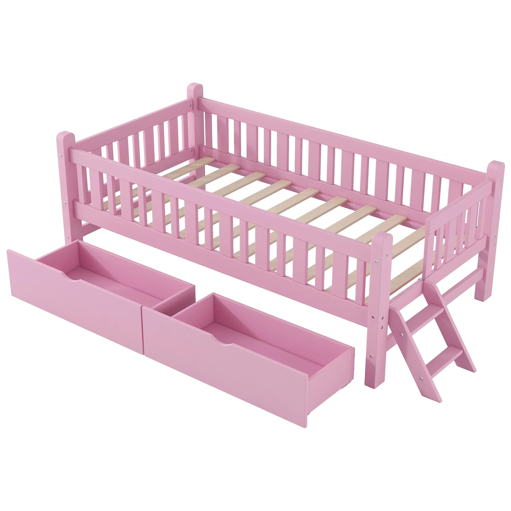 2026 New Euroco Wood Twin Size Platform Bed with 2 Drawers and Ladder for Kids and Toddlers, White - Image 22